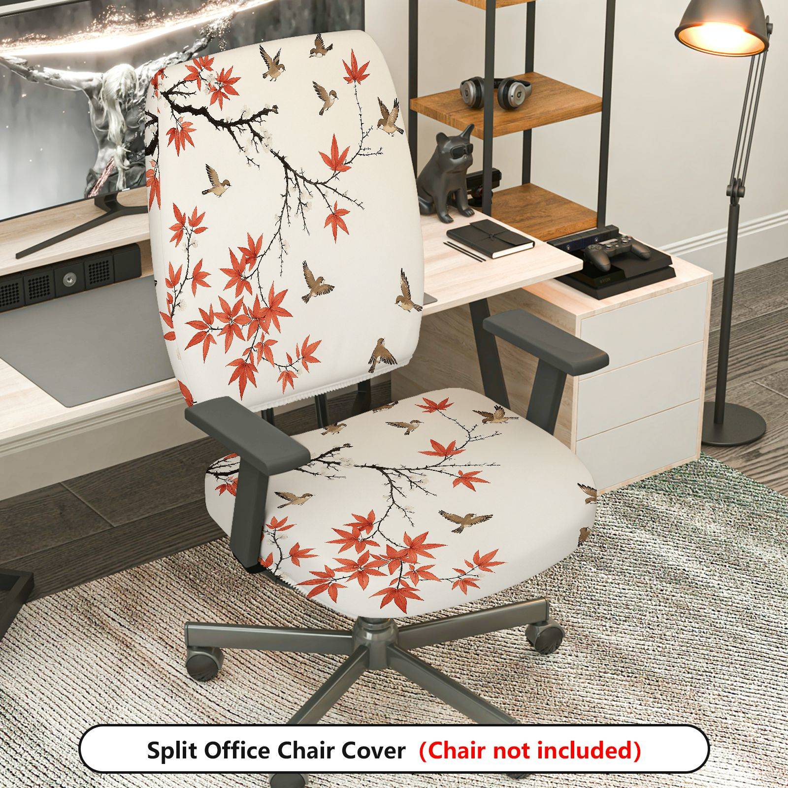 2-Piece Autumn Bird Maple Tree Decorative  Computer Chair Cover Set, Seat and Backrest