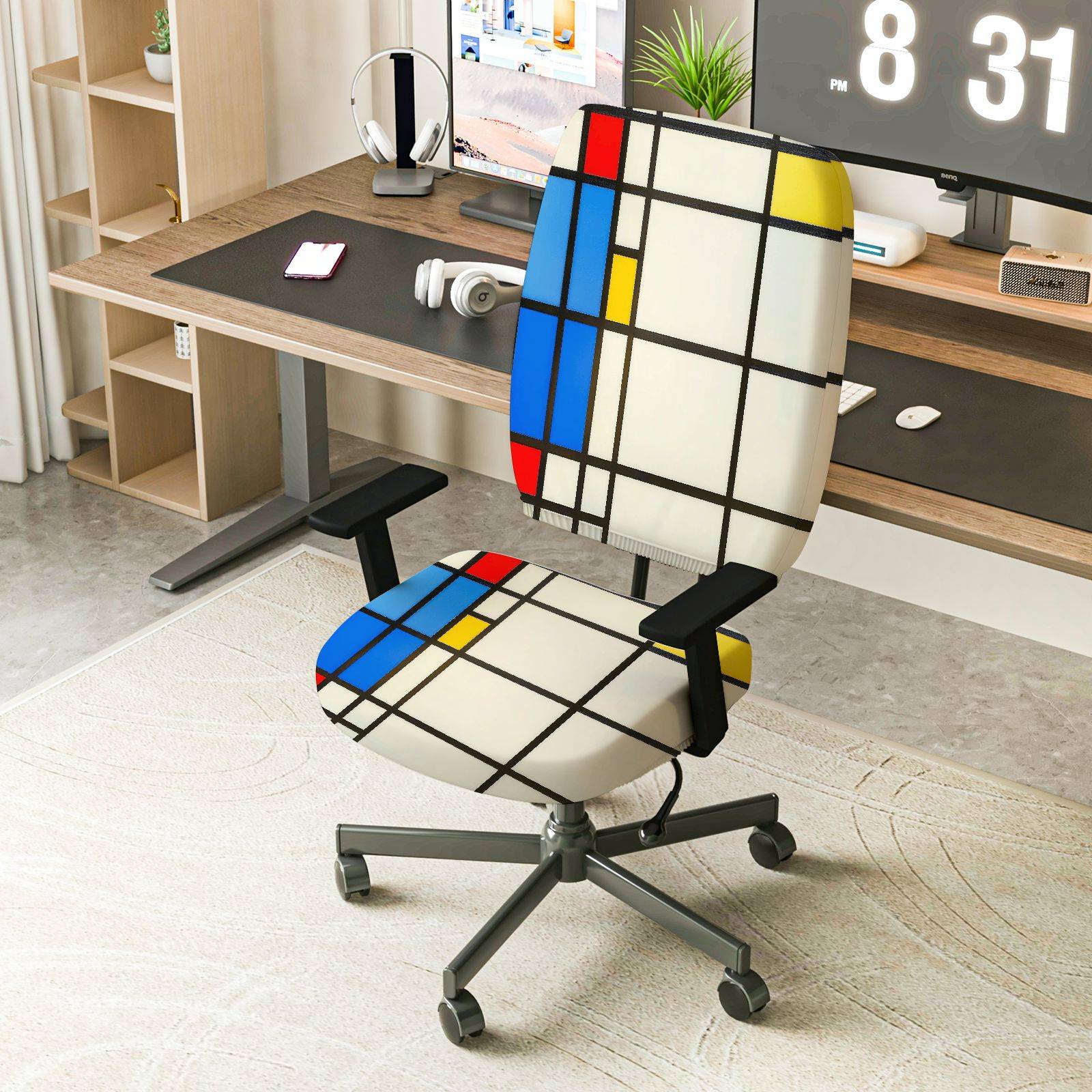 2-Piece Geometric Abstract Colorful Modern Artistic Trendy  Computer Chair Cover Set, Seat and Backrest