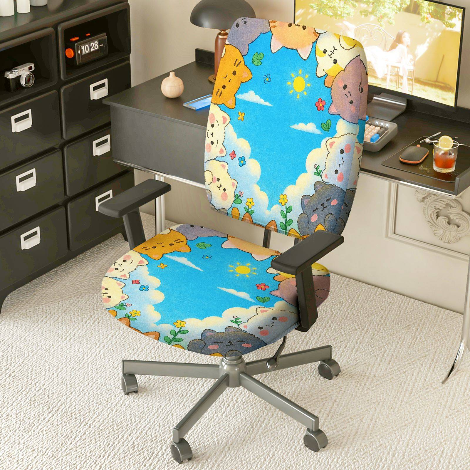 2-Piece Animal Cloud Sky Floral Colorful  Computer Chair Cover Set, Seat and Backrest