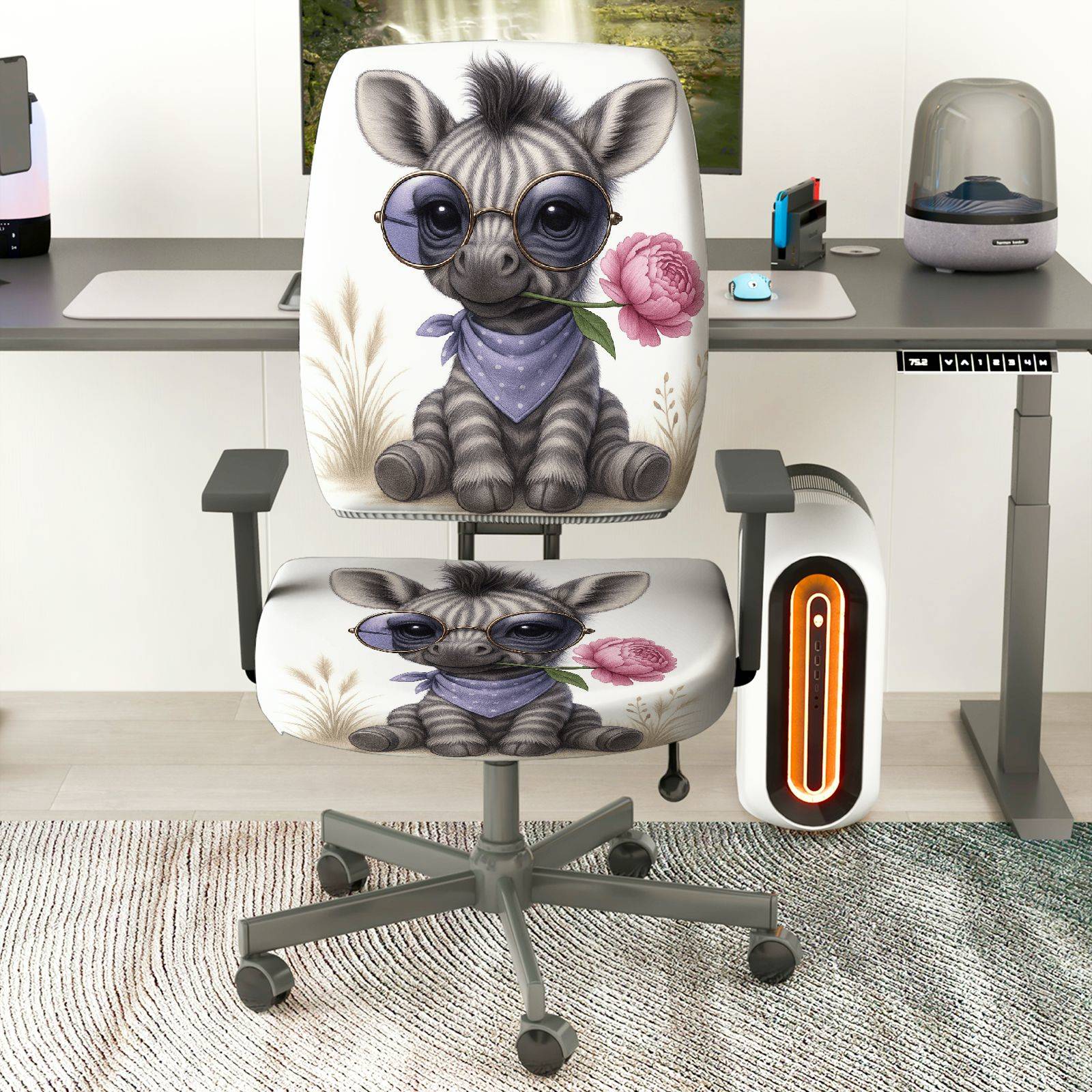 2-Piece Cute Animal Floral Pattern  Computer Chair Cover Set, Seat and Backrest