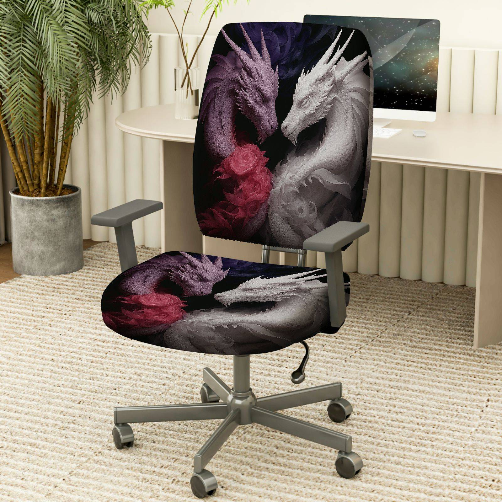 2-Piece Black White Red Dragon Floral Fantasy Art  Computer Chair Cover Set, Seat and Backrest
