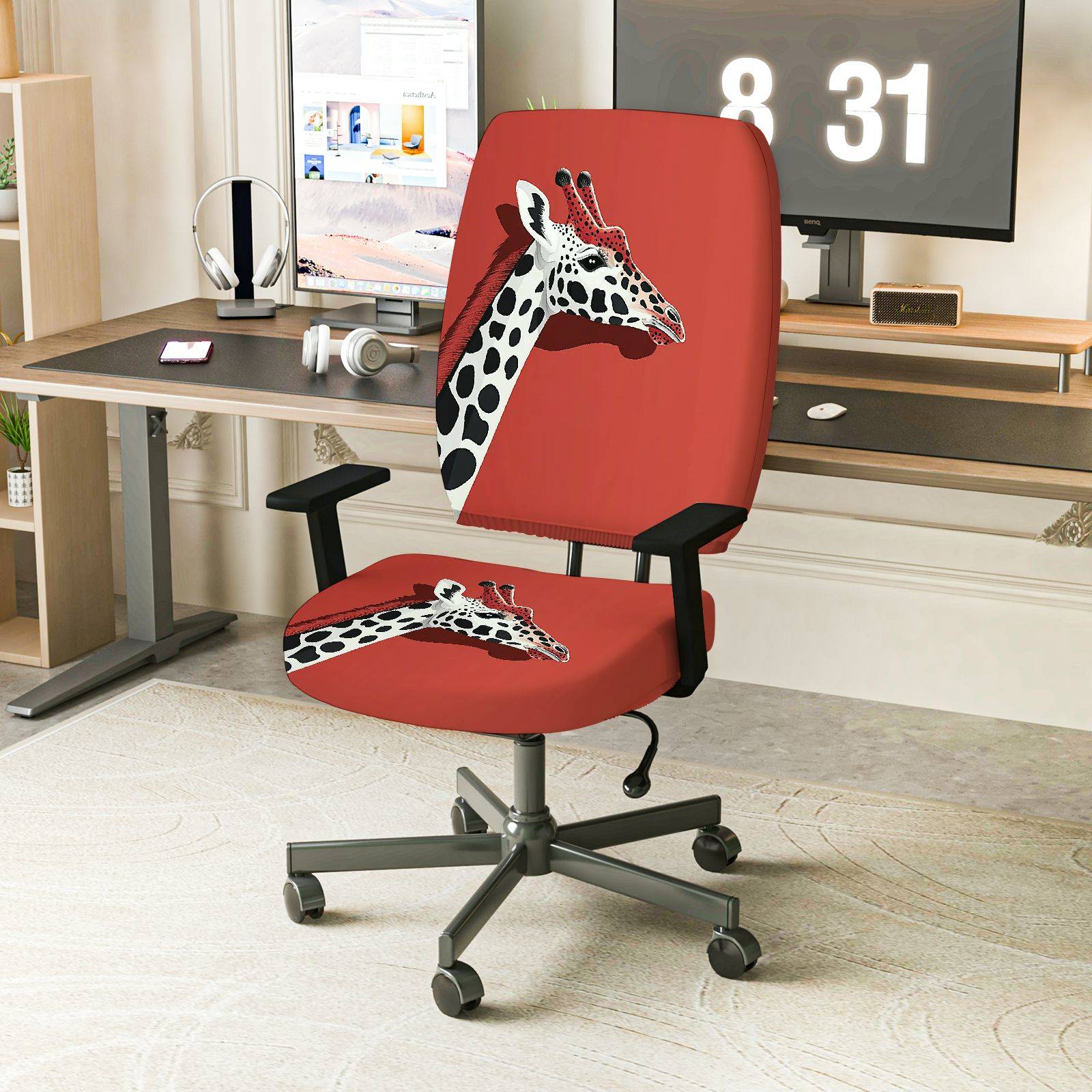 2-Piece Animal Giraffe Red Stylish Fun Home  Computer Chair Cover Set, Seat and Backrest