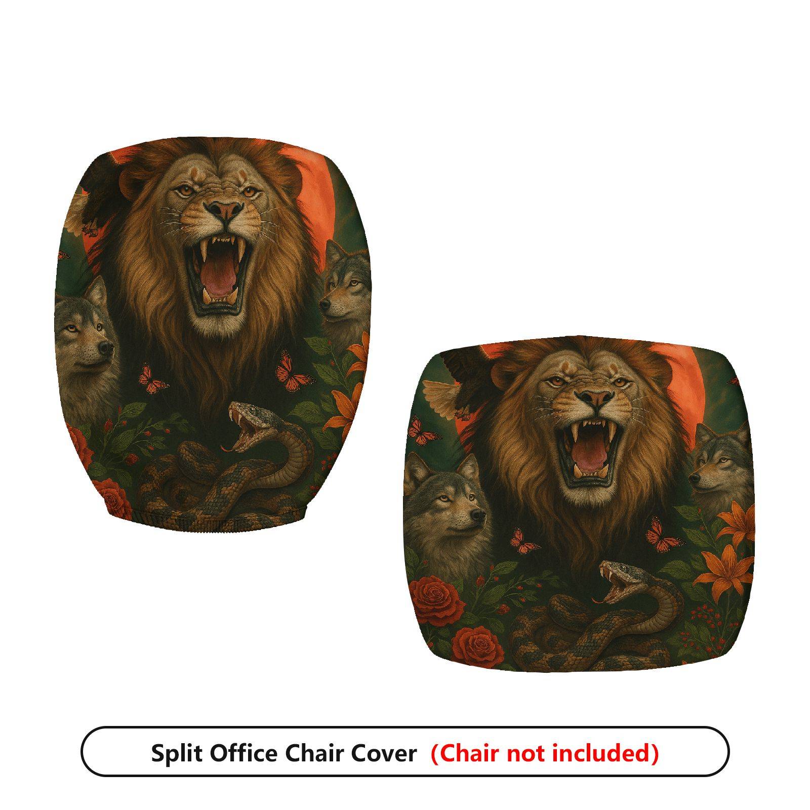 2-Piece Animal Lion Wolf Snake Butterfly Rose  Computer Chair Cover Set, Seat and Backrest