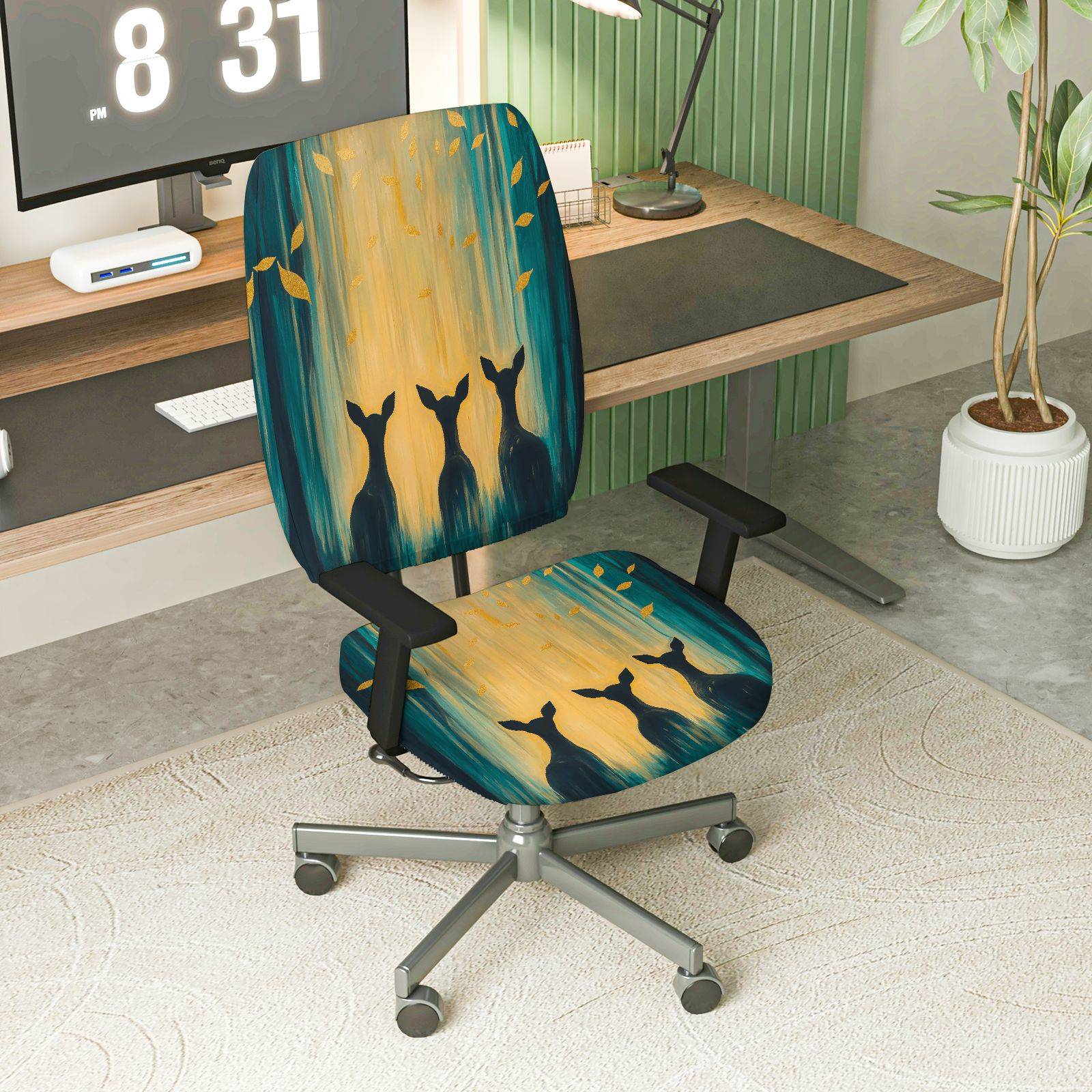 2-Piece Artistic Deer Silhouette Forest Gold Leaves Blue  Computer Chair Cover Set, Seat and Backrest