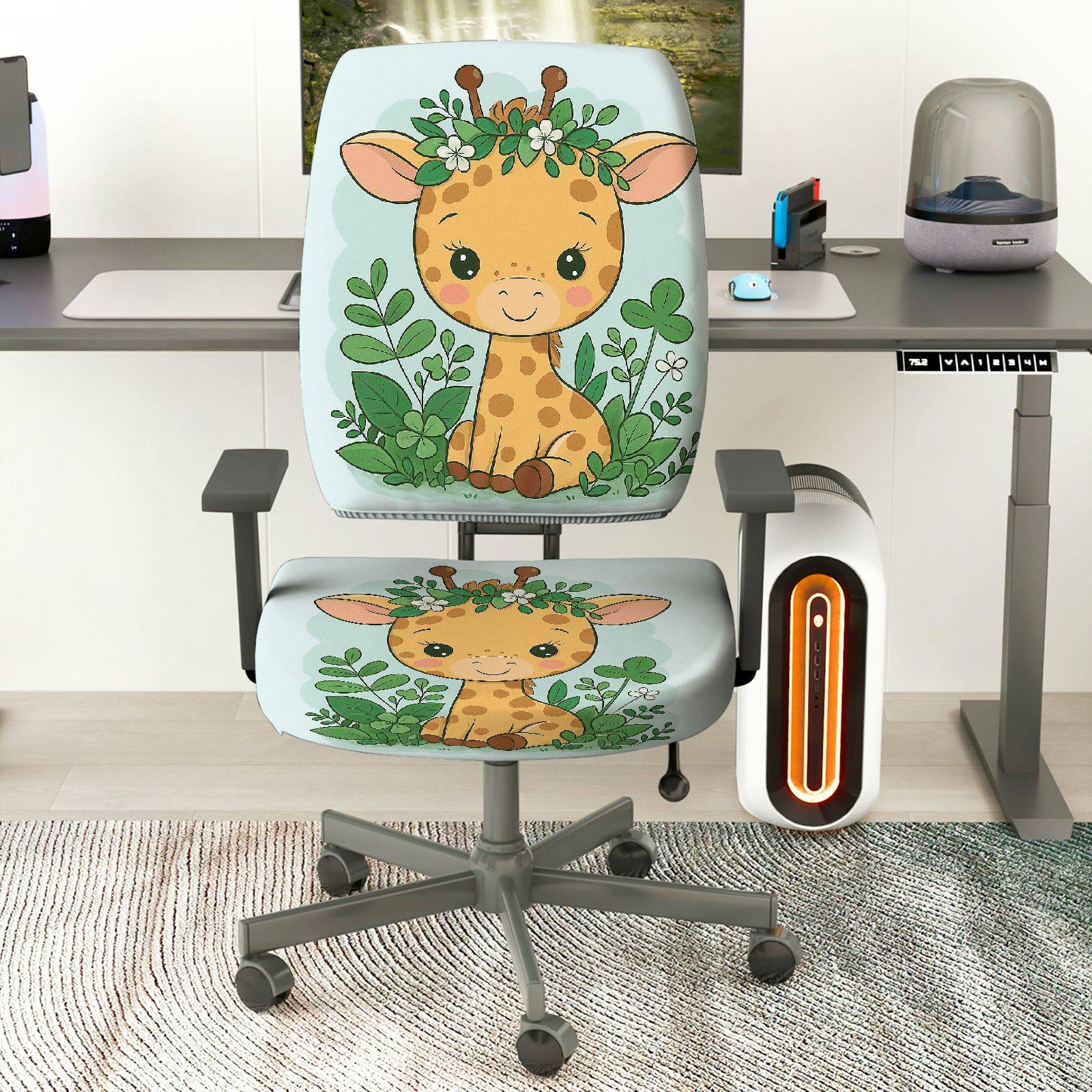 2-Piece Cute Giraffe Animal Jungle Pattern Greenery  Computer Chair Cover Set, Seat and Backrest