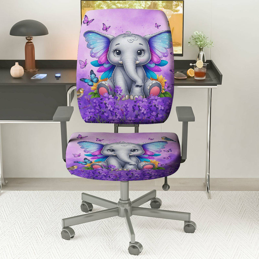 2-Piece Cute Elephant Butterfly Floral Animal Fantasy Purple  Computer Chair Cover Set, Seat and Backrest