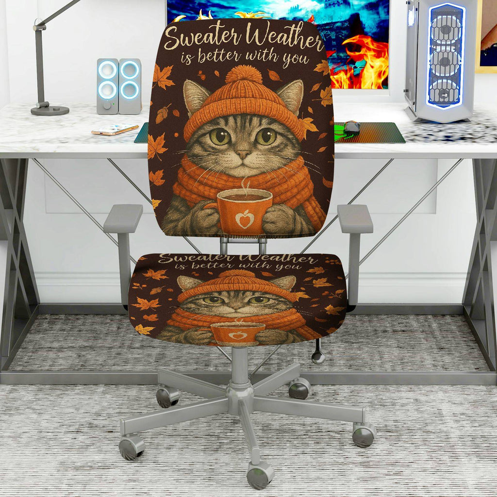 2-Piece Autumn Cat Sweater Leaves Print Home  Computer Chair Cover Set, Seat and Backrest