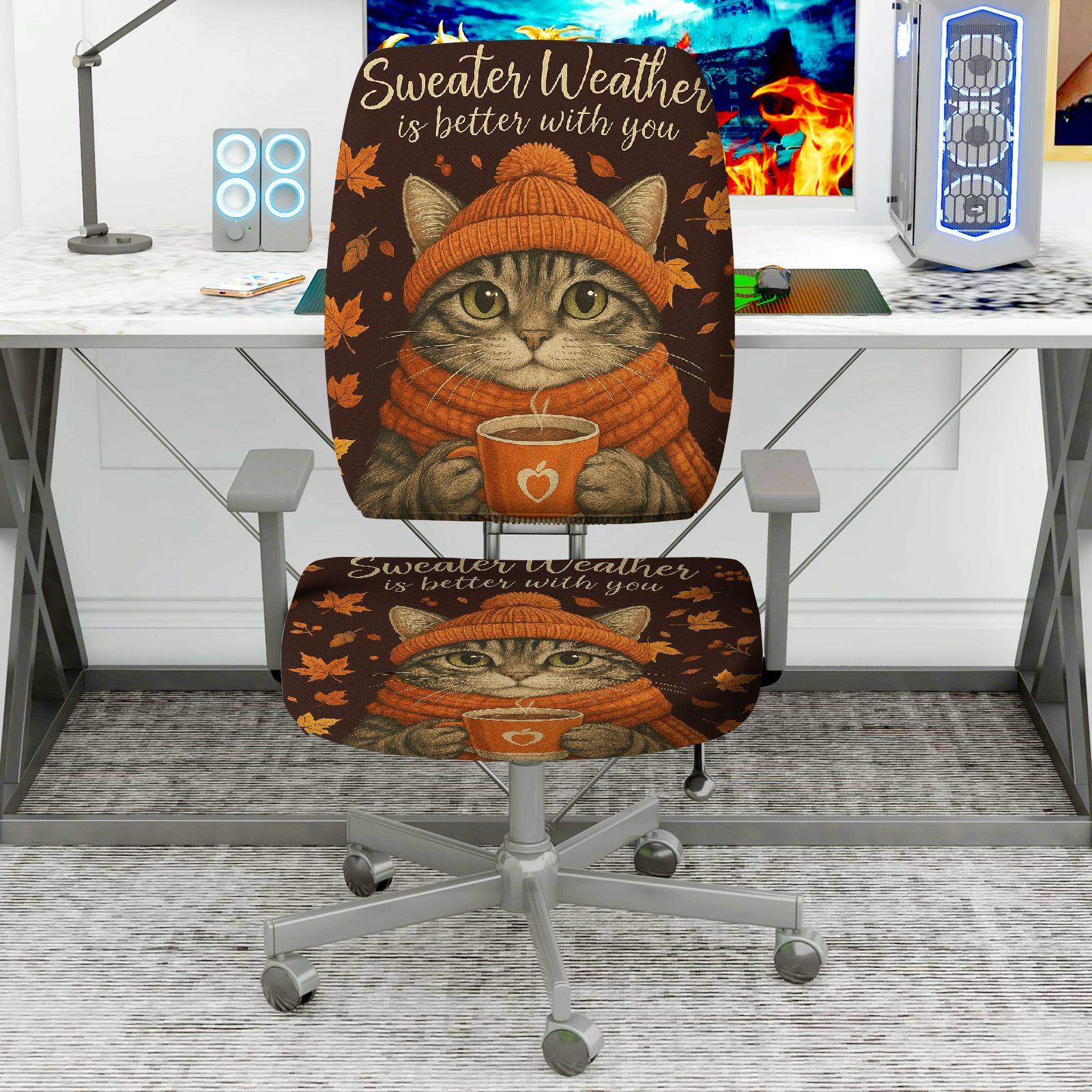 2-Piece Autumn Cat Sweater Leaves Print Home  Computer Chair Cover Set, Seat and Backrest