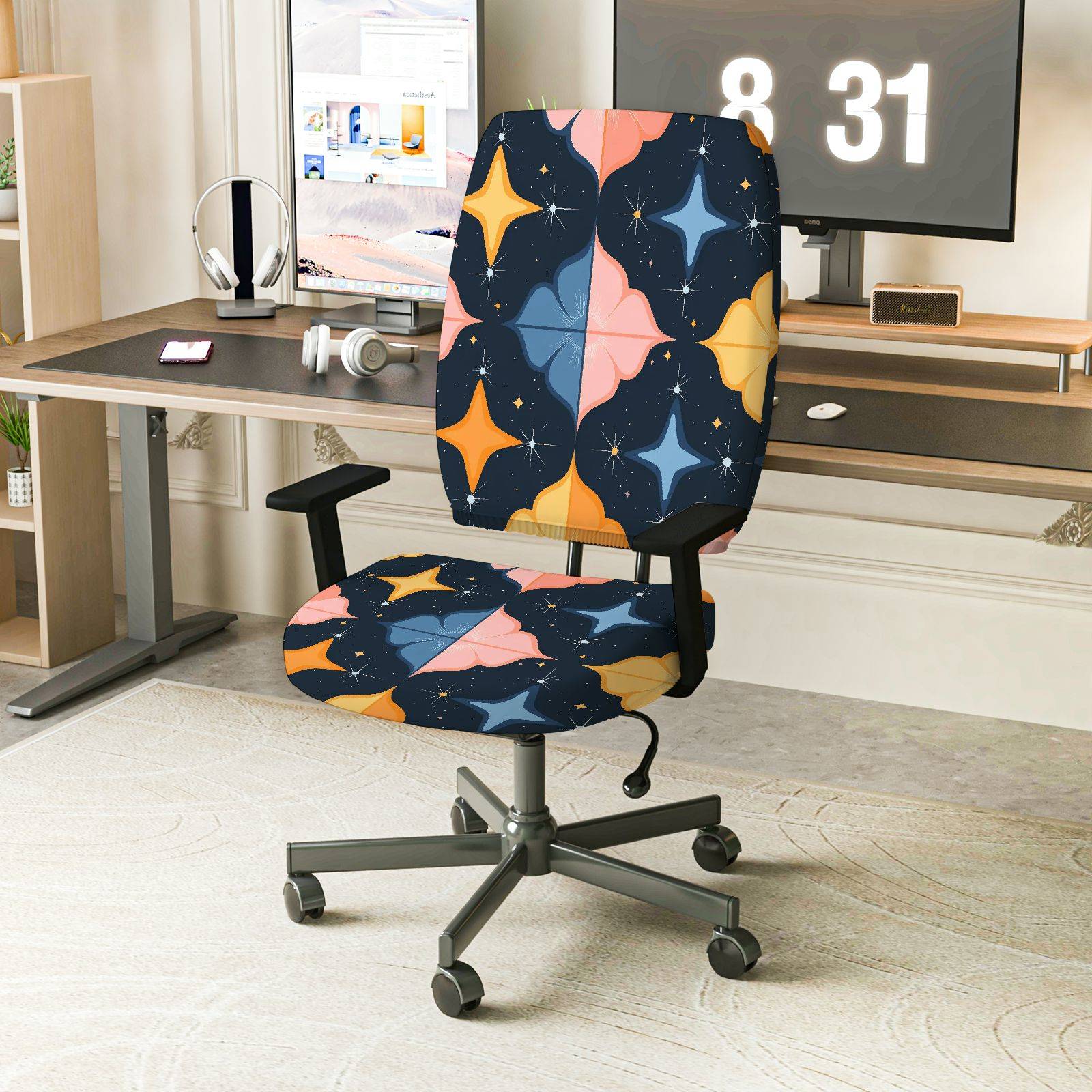 2-Piece Star Geometric Pattern Colorful Modern Stylish  Computer Chair Cover Set, Seat and Backrest