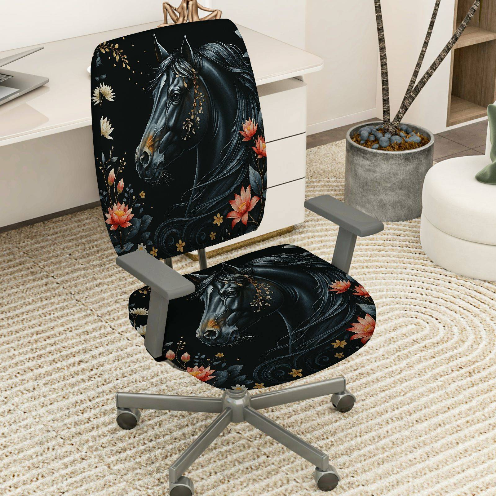 2-Piece Black Horse Floral Pattern  Computer Chair Cover Set, Seat and Backrest