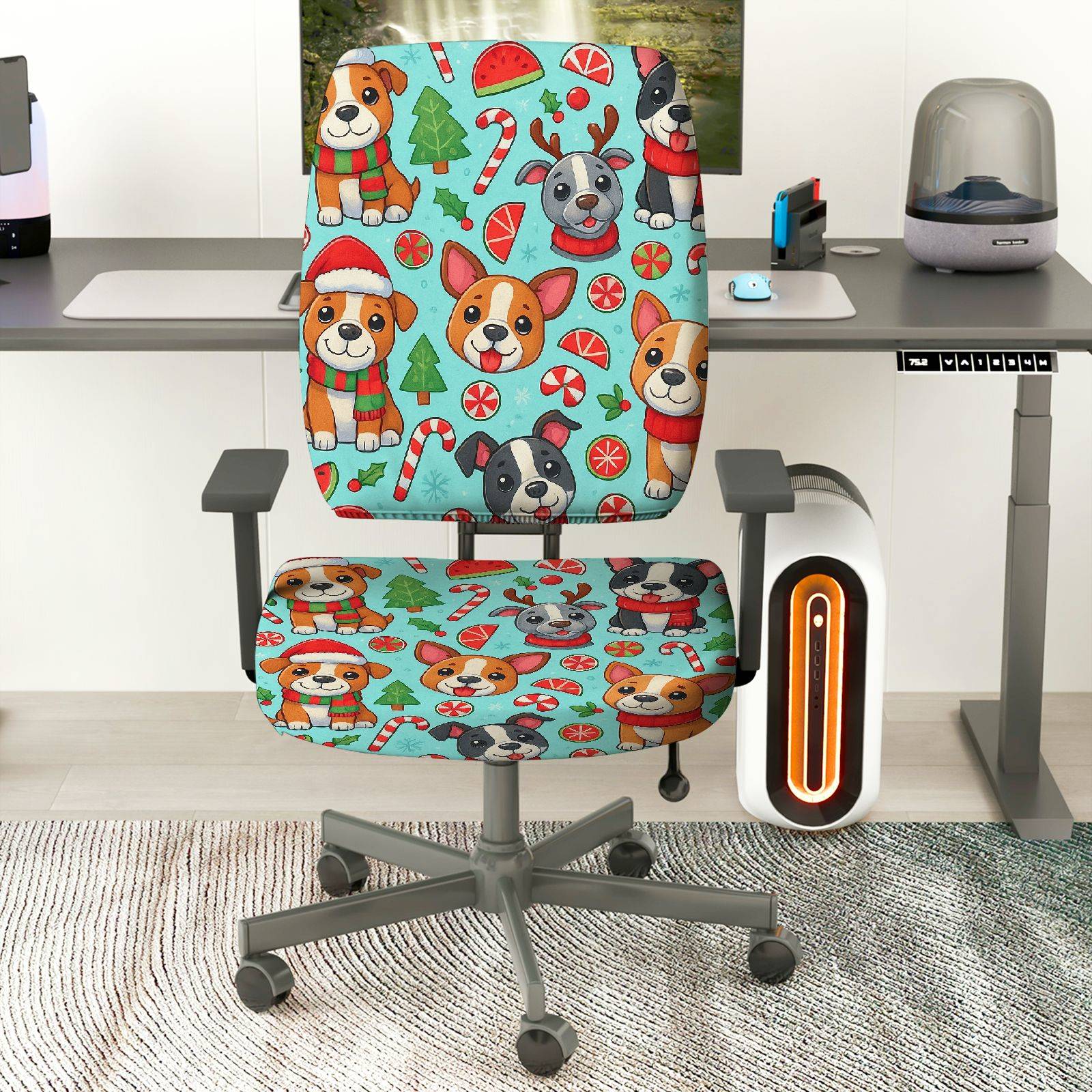 2-Piece Christmas Dog Candy Snowflake Tree  Computer Chair Cover Set, Seat and Backrest