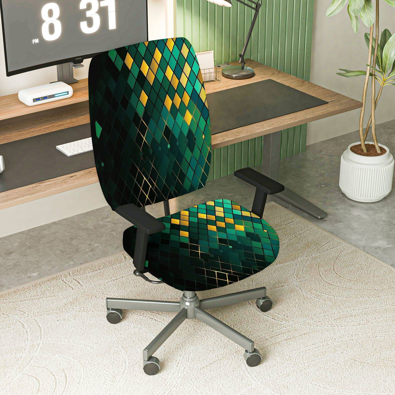 2-Piece Geometric Diamond Pattern Green Yellow Decorative  Computer Chair Cover Set, Seat and Backrest