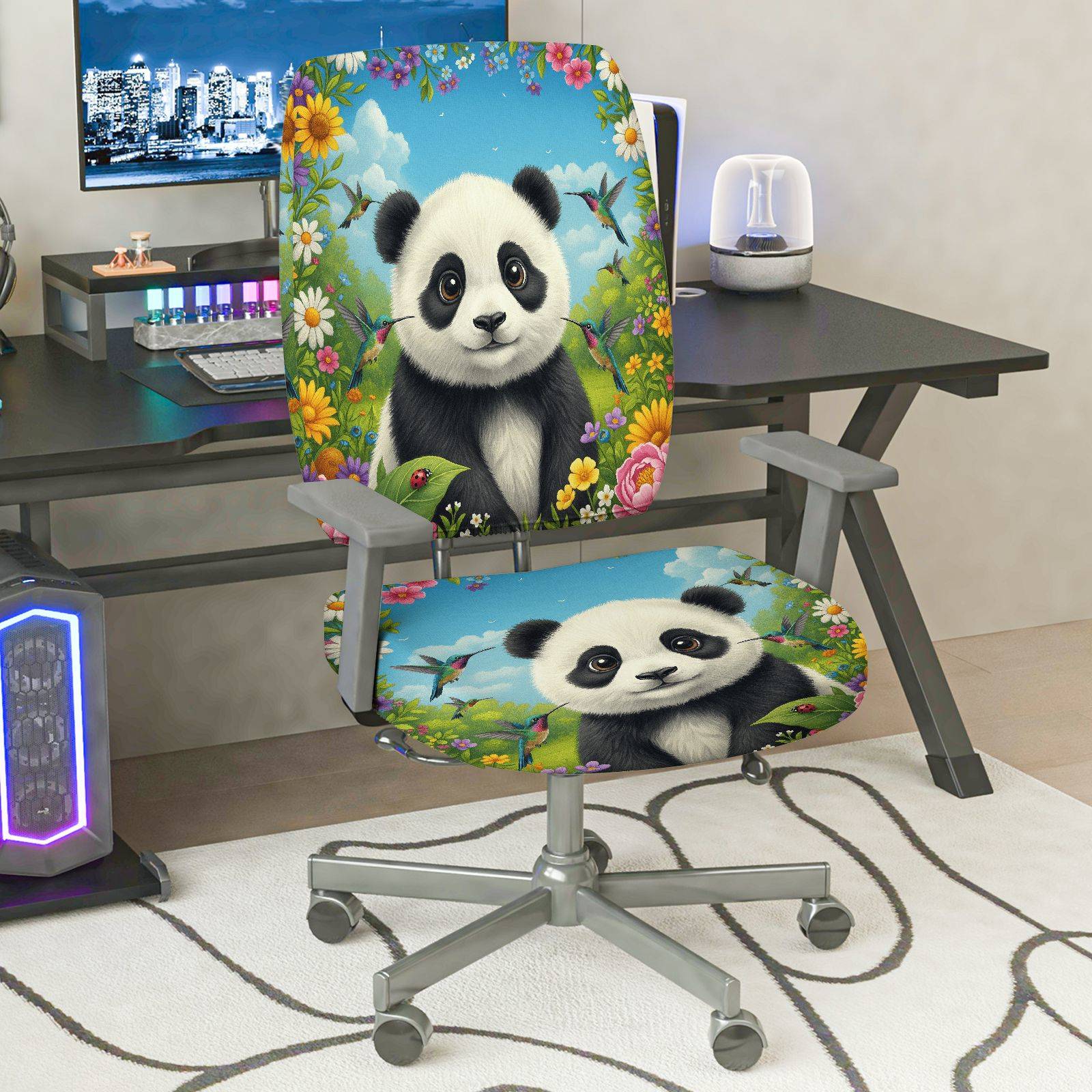 2-Piece Panda Floral Nature Animal Spring  Computer Chair Cover Set, Seat and Backrest