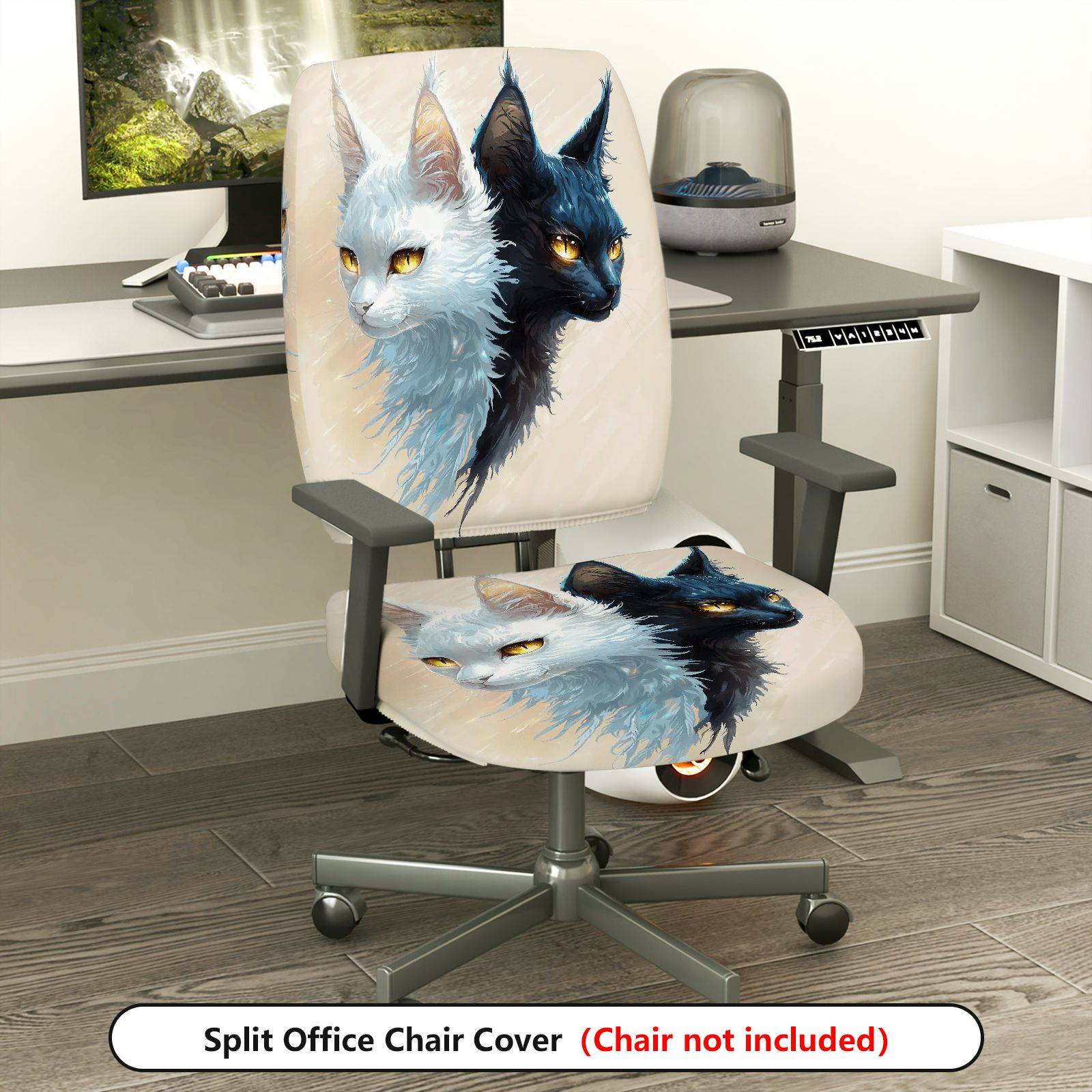 2-Piece Artistic Dual Cats Ink Painting Stylish Modern Unique  Computer Chair Cover Set, Seat and Backrest