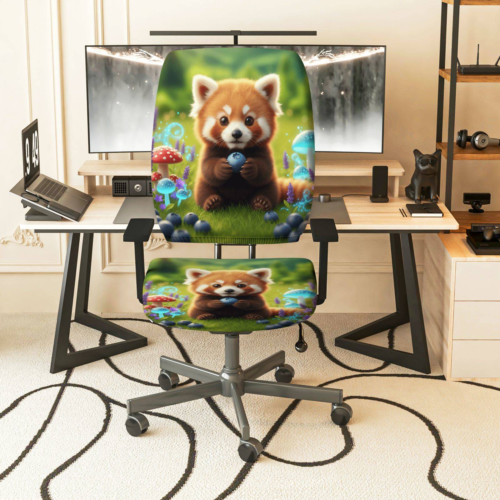 2-Piece Animal Cute Red Panda Mushroom  Computer Chair Cover Set, Seat and Backrest