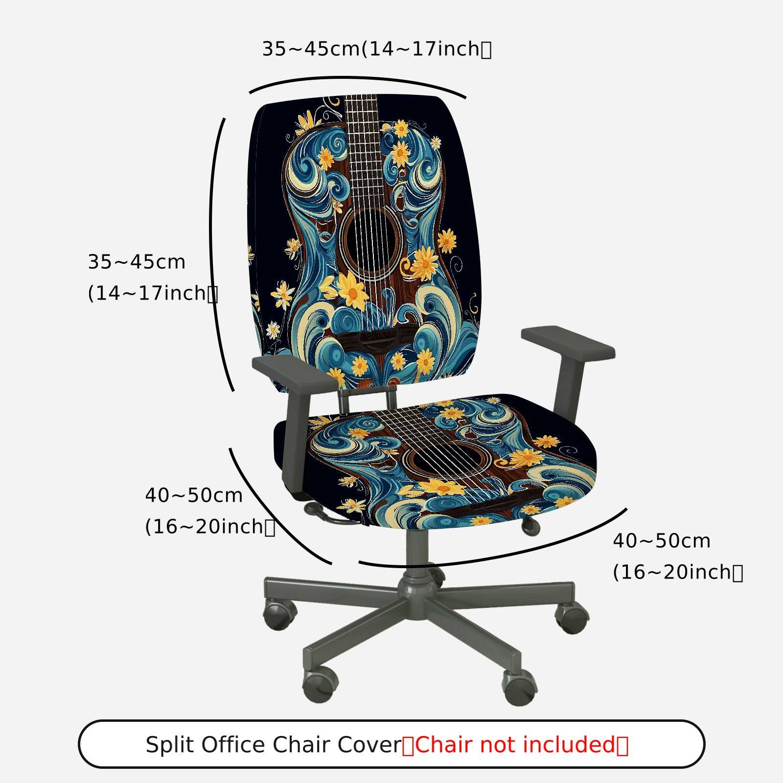 2-Piece Artistic Floral Guitar Blue  Computer Chair Cover Set, Seat and Backrest