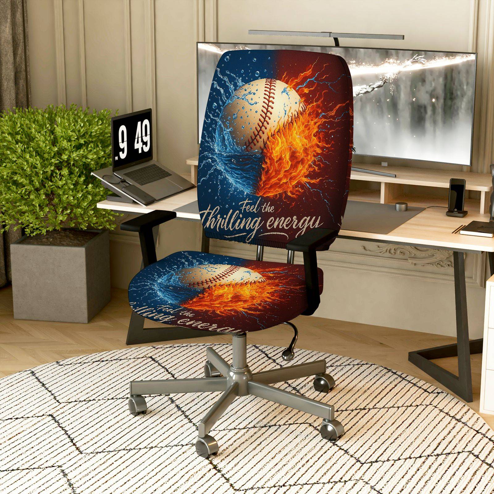 2-Piece Baseball Fire Water Energy Dynamic  Computer Chair Cover Set, Seat and Backrest