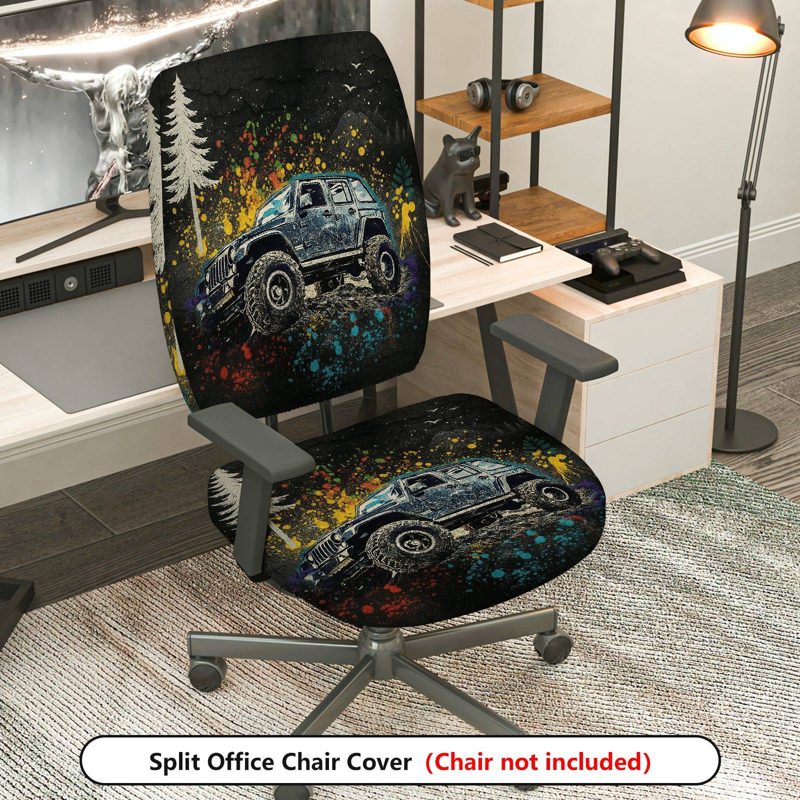 2-Piece Adventure Off-road Vehicle Mountain Forest Graffiti  Computer Chair Cover Set, Seat and Backrest