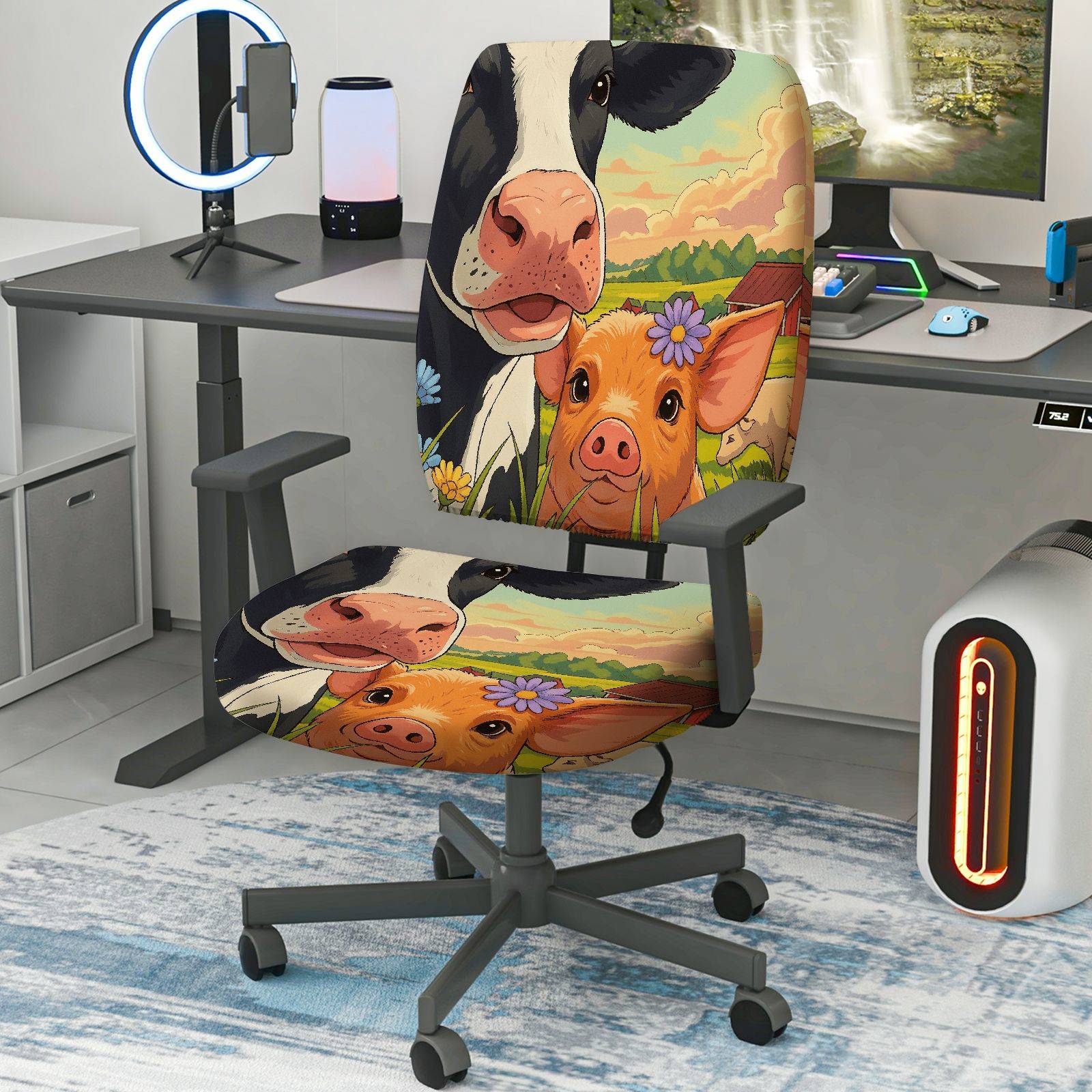 2-Piece Farm Animal Cow Pig Floral Scenic  Computer Chair Cover Set, Seat and Backrest
