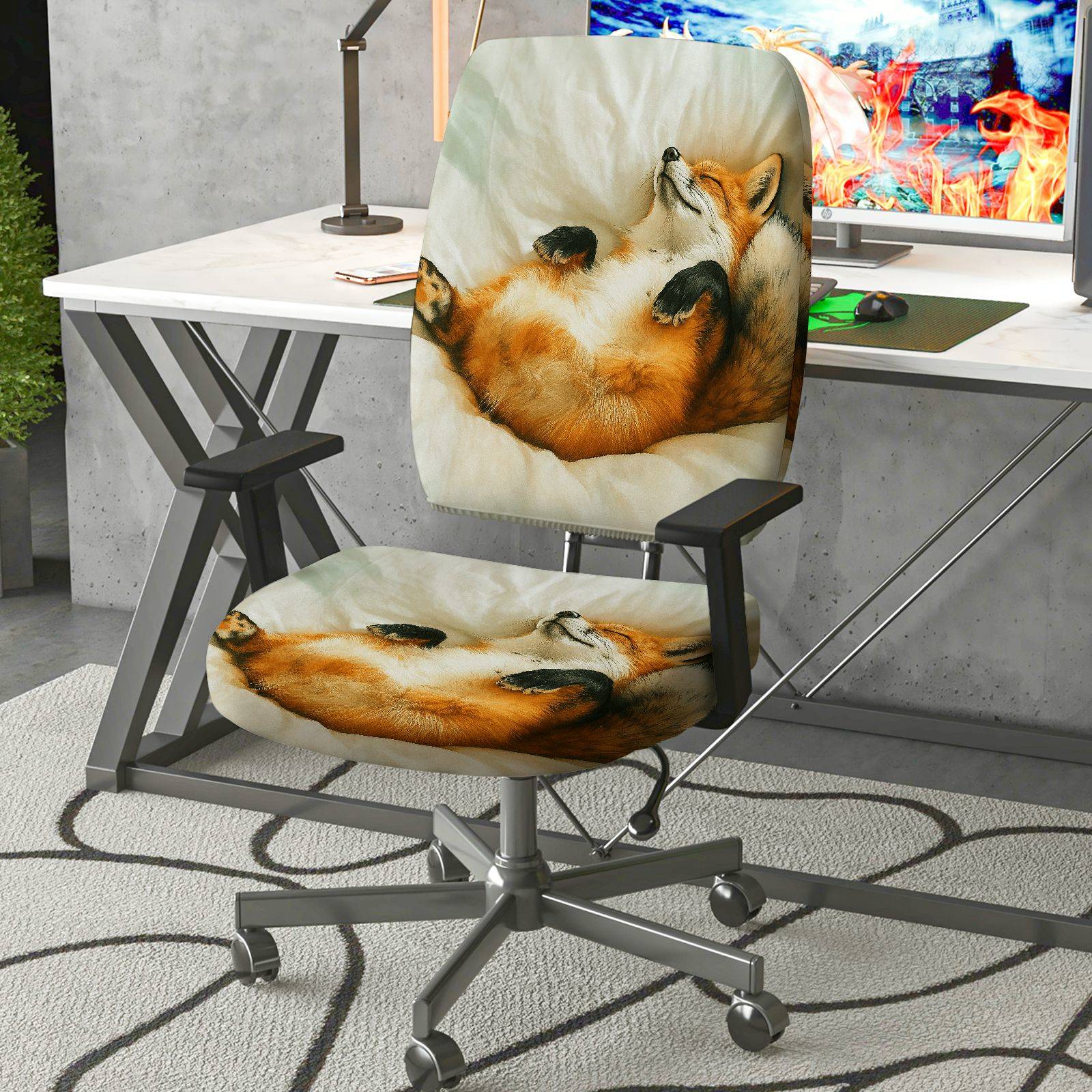 2-Piece Animal Fox Relaxing Cozy Printed  Computer Chair Cover Set, Seat and Backrest