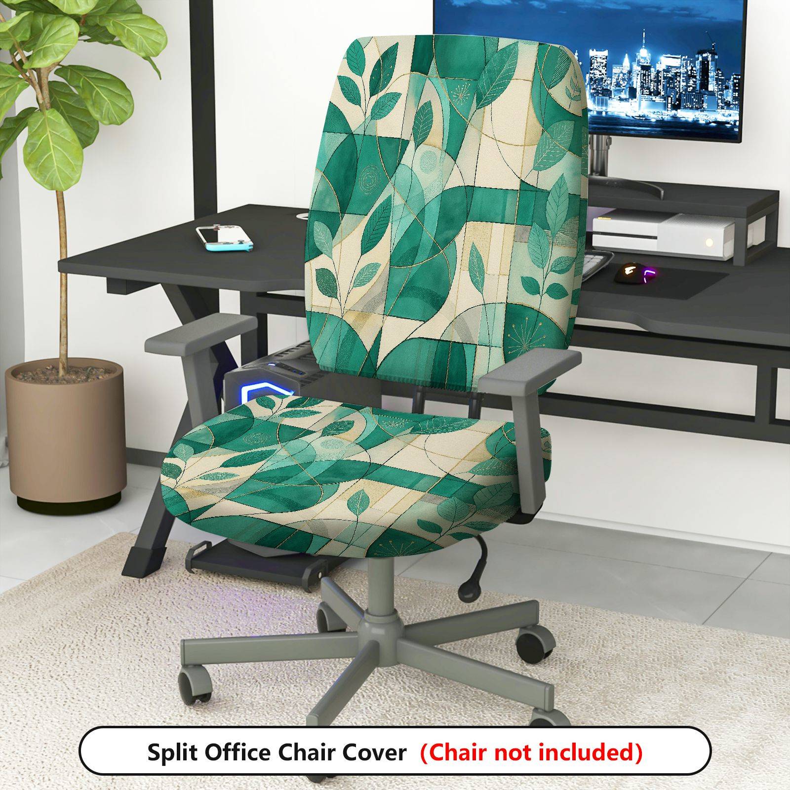 2-Piece Green Leaf Abstract Geometric Pattern Decorative  Computer Chair Cover Set, Seat and Backrest