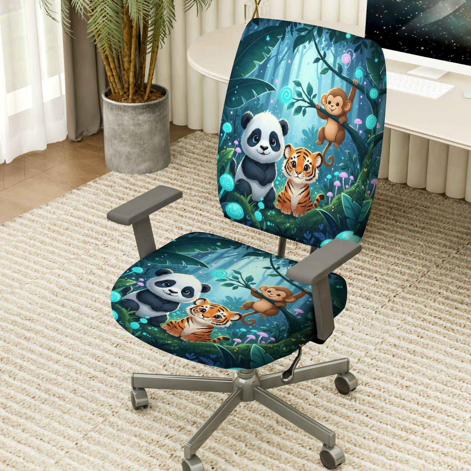 2-Piece Animal Forest Panda Tiger Monkey  Computer Chair Cover Set, Seat and Backrest