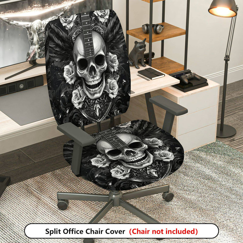 2-Piece Gothic Rose Guitar Black White Printed  Computer Chair Cover Set, Seat and Backrest