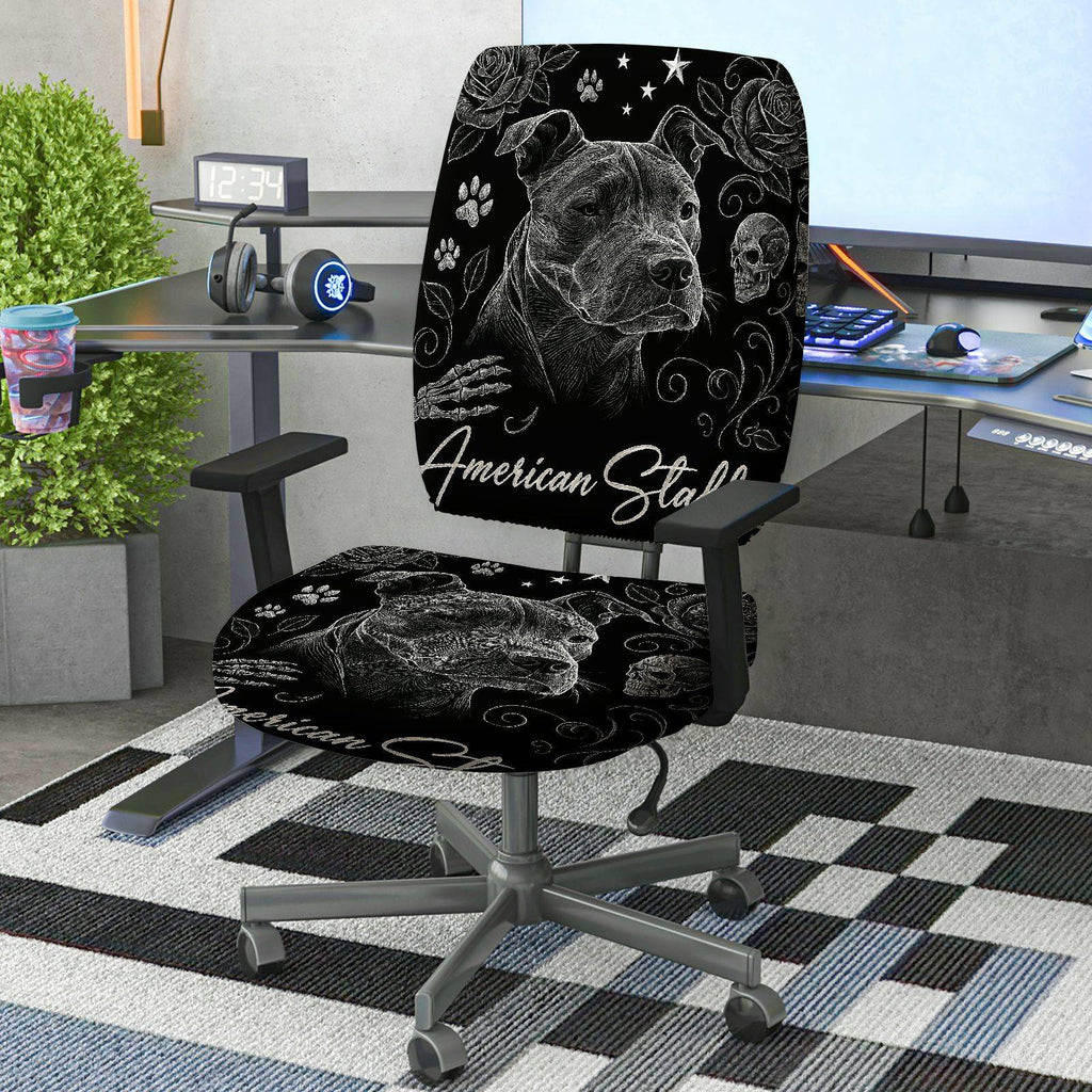 2-Piece American Staff Pitbull Skull Gothic Rose  Computer Chair Cover Set, Seat and Backrest