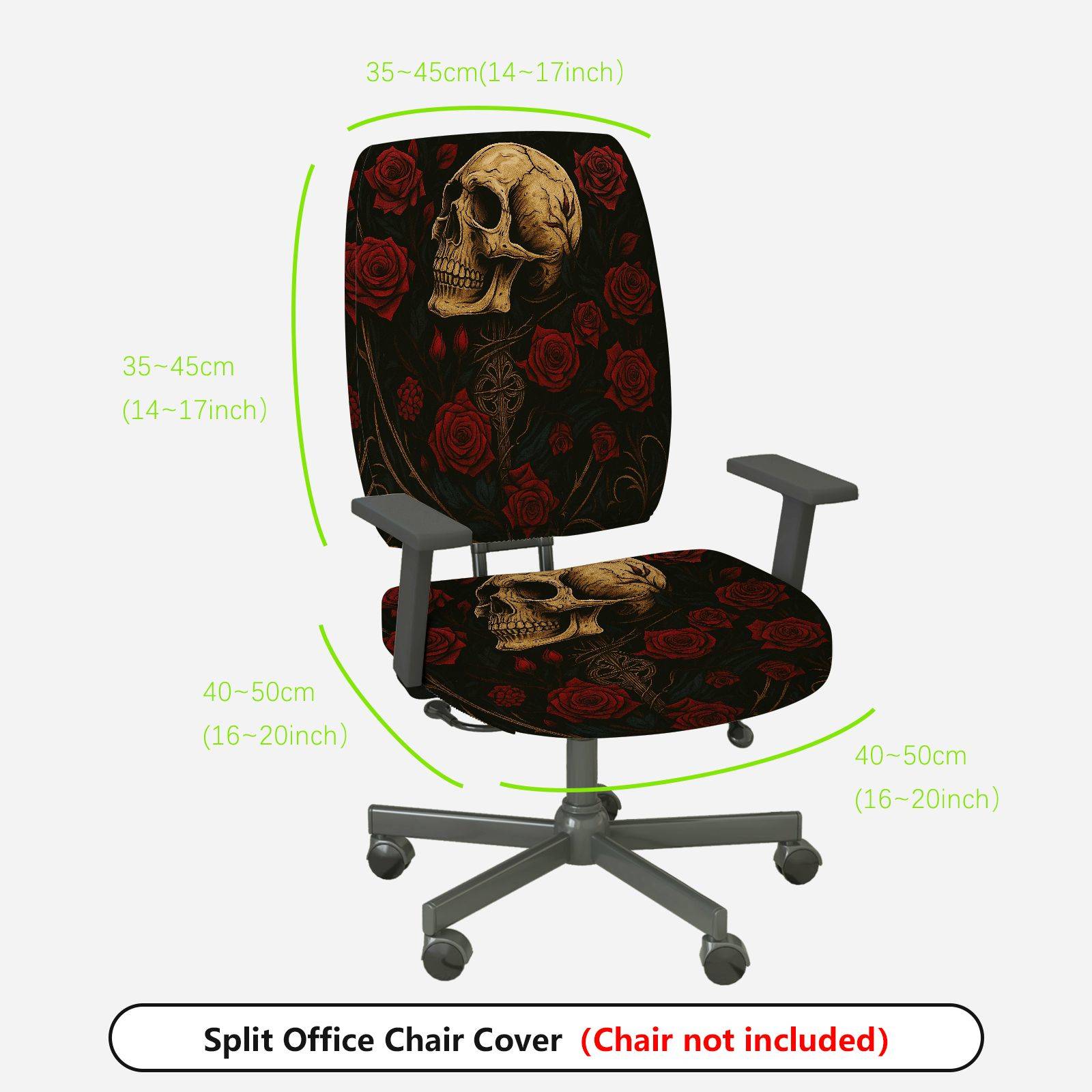 2-Piece Gothic Skull Floral Rose Black  Computer Chair Cover Set, Seat and Backrest
