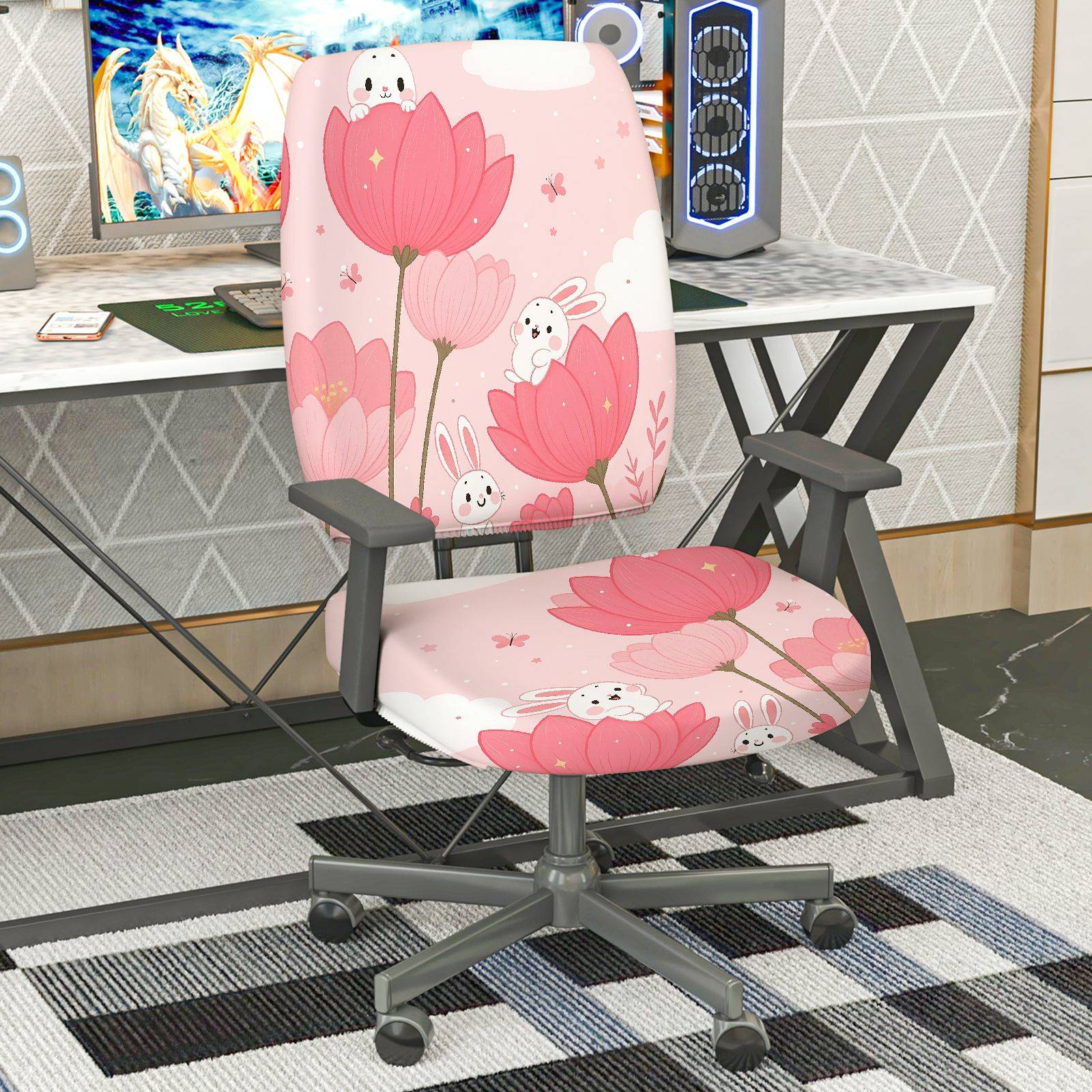 2-Piece Pink Flower Rabbit Cute Spring  Computer Chair Cover Set, Seat and Backrest