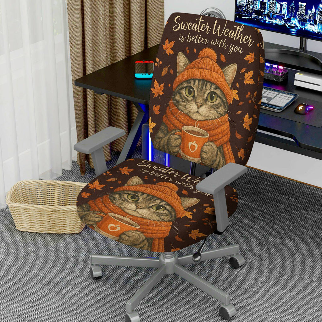 2-Piece Autumn Cat Sweater Leaves Print Home  Computer Chair Cover Set, Seat and Backrest