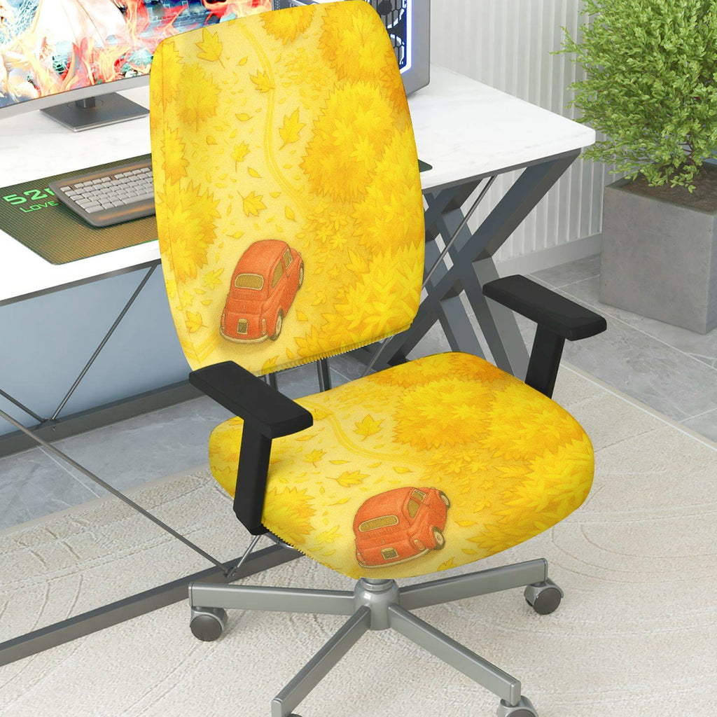 2-Piece Autumn Forest Car Leaf Pattern  Computer Chair Cover Set, Seat and Backrest