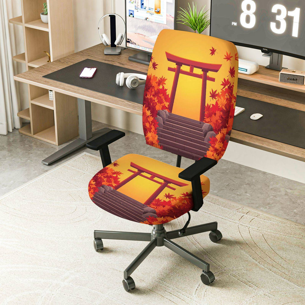 2-Piece Autumn Japanese Shrine Maple Leaves Scenery  Computer Chair Cover Set, Seat and Backrest