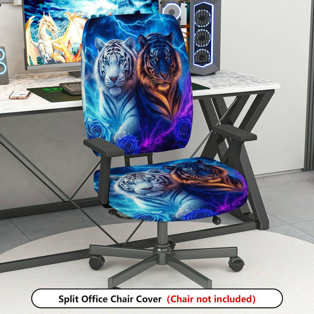 2-Piece Animal Print Tiger Modern Art Lightning Blue Glow  Computer Chair Cover Set, Seat and Backrest