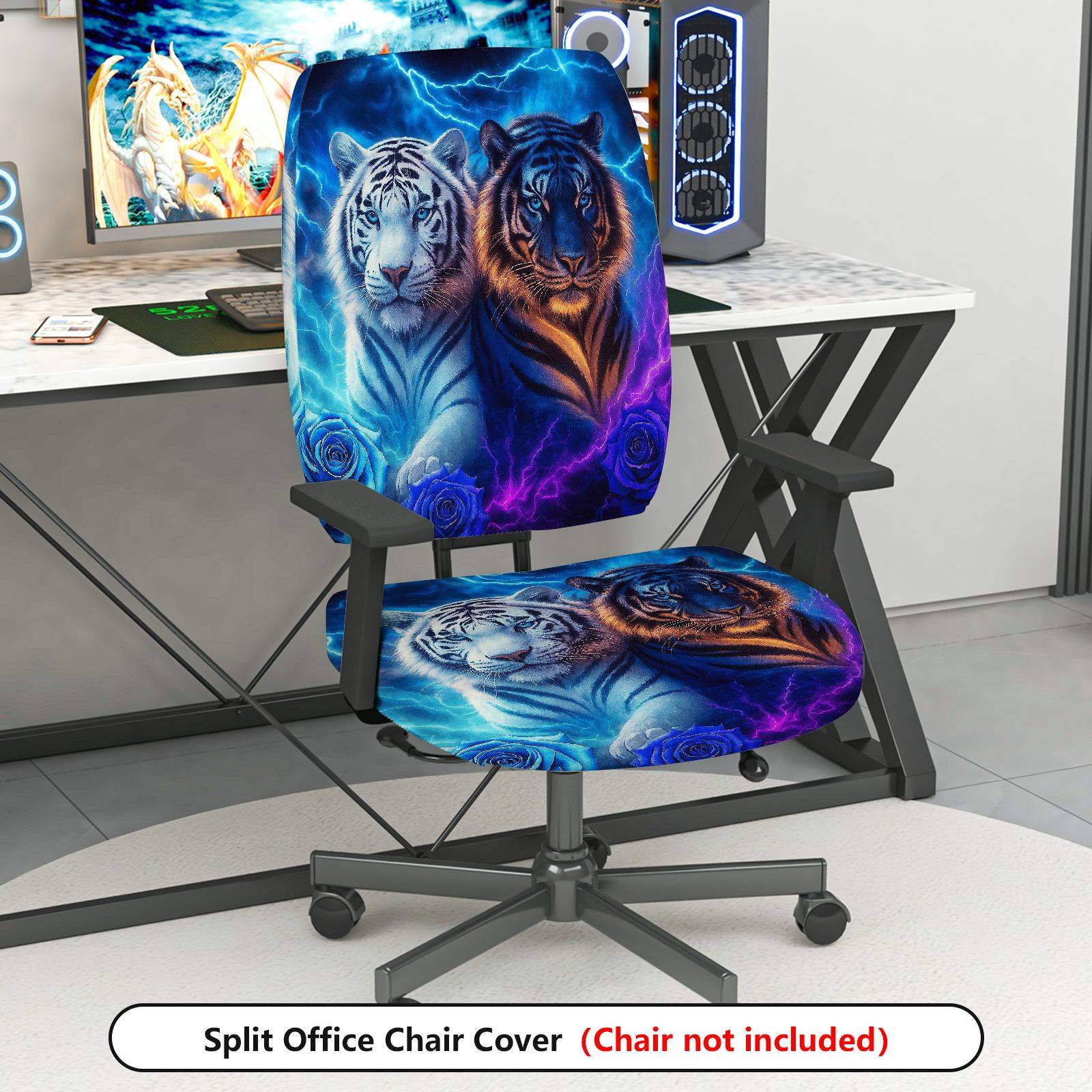 2-Piece Animal Print Tiger Modern Art Lightning Blue Glow  Computer Chair Cover Set, Seat and Backrest