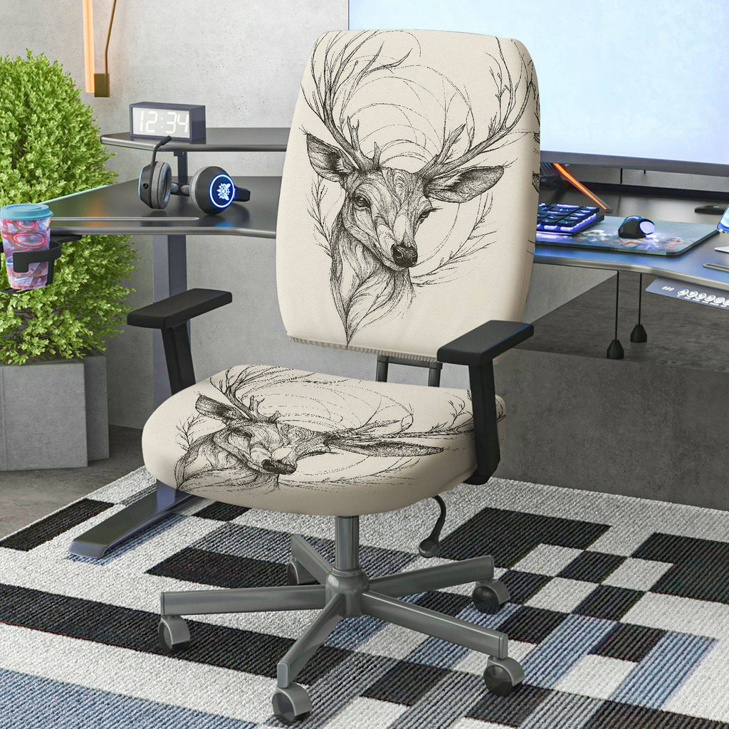 2-Piece Animal Deer Sketch Art Unique Printed  Computer Chair Cover Set, Seat and Backrest
