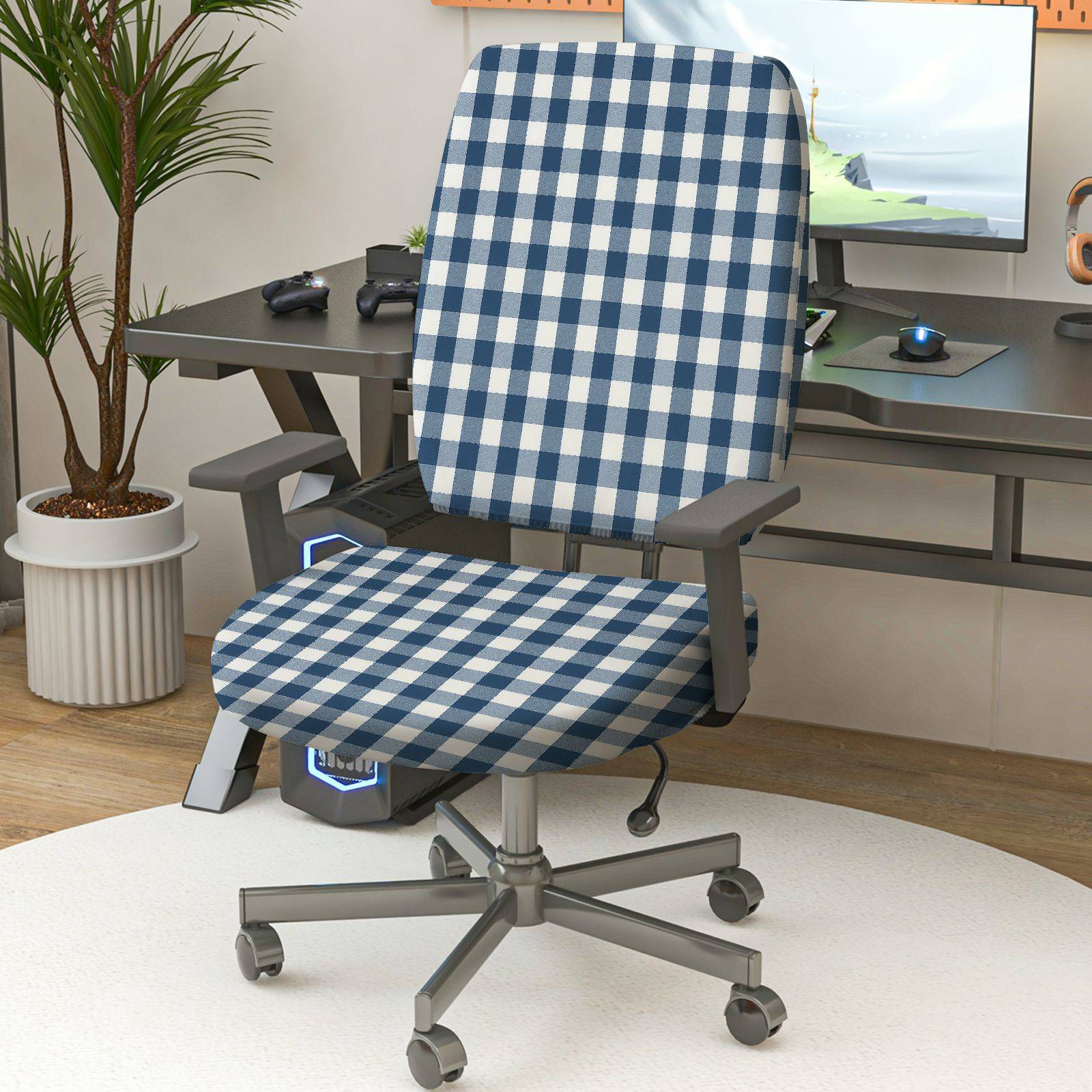 2-Piece Blue Checkered Pattern Stretch  Computer Chair Cover Set, Seat and Backrest