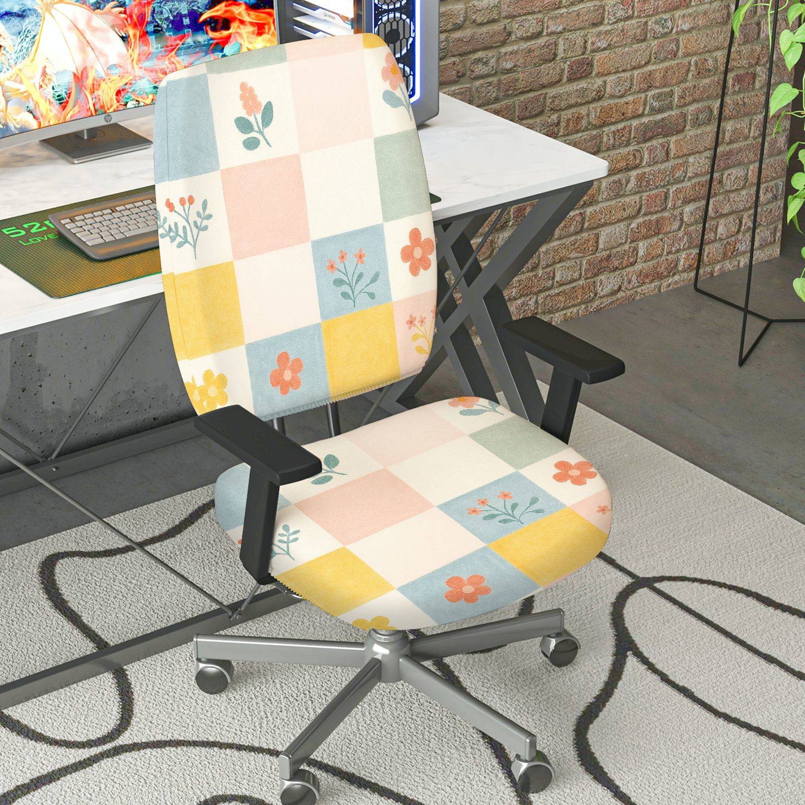 2-Piece Colorful Floral Geometric Patchwork Pattern  Computer Chair Cover Set, Seat and Backrest