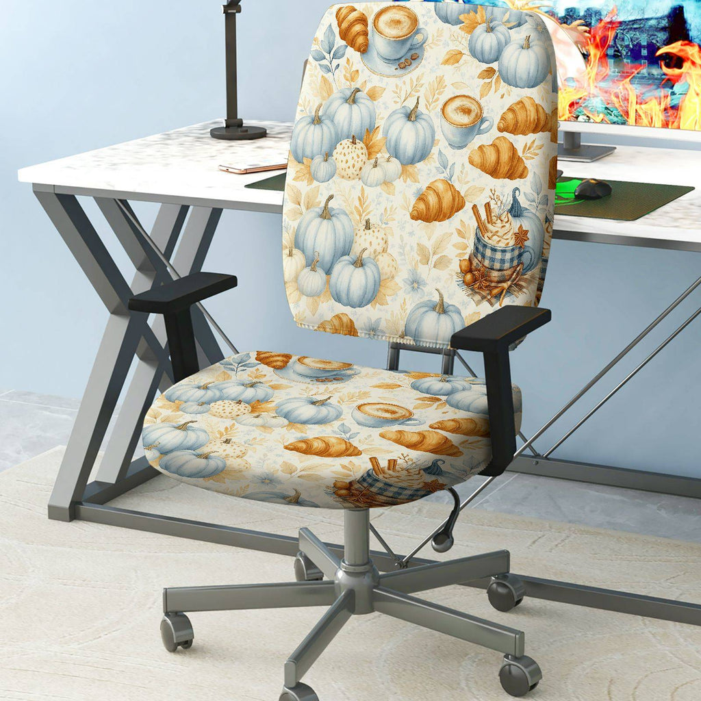 2-Piece Autumn Pumpkin Coffee Croissant Thanksgiving  Computer Chair Cover Set, Seat and Backrest