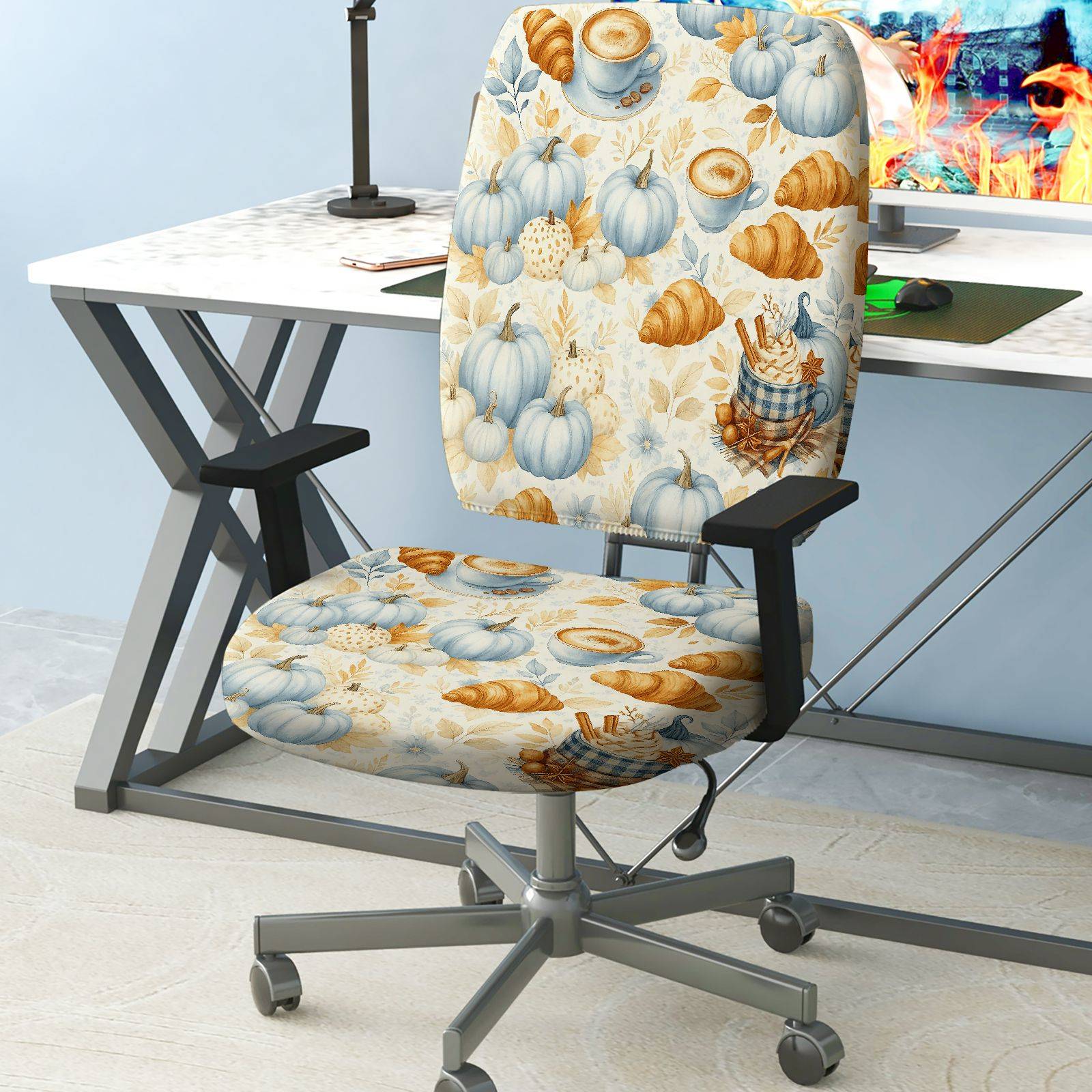 2-Piece Autumn Pumpkin Coffee Croissant Thanksgiving  Computer Chair Cover Set, Seat and Backrest