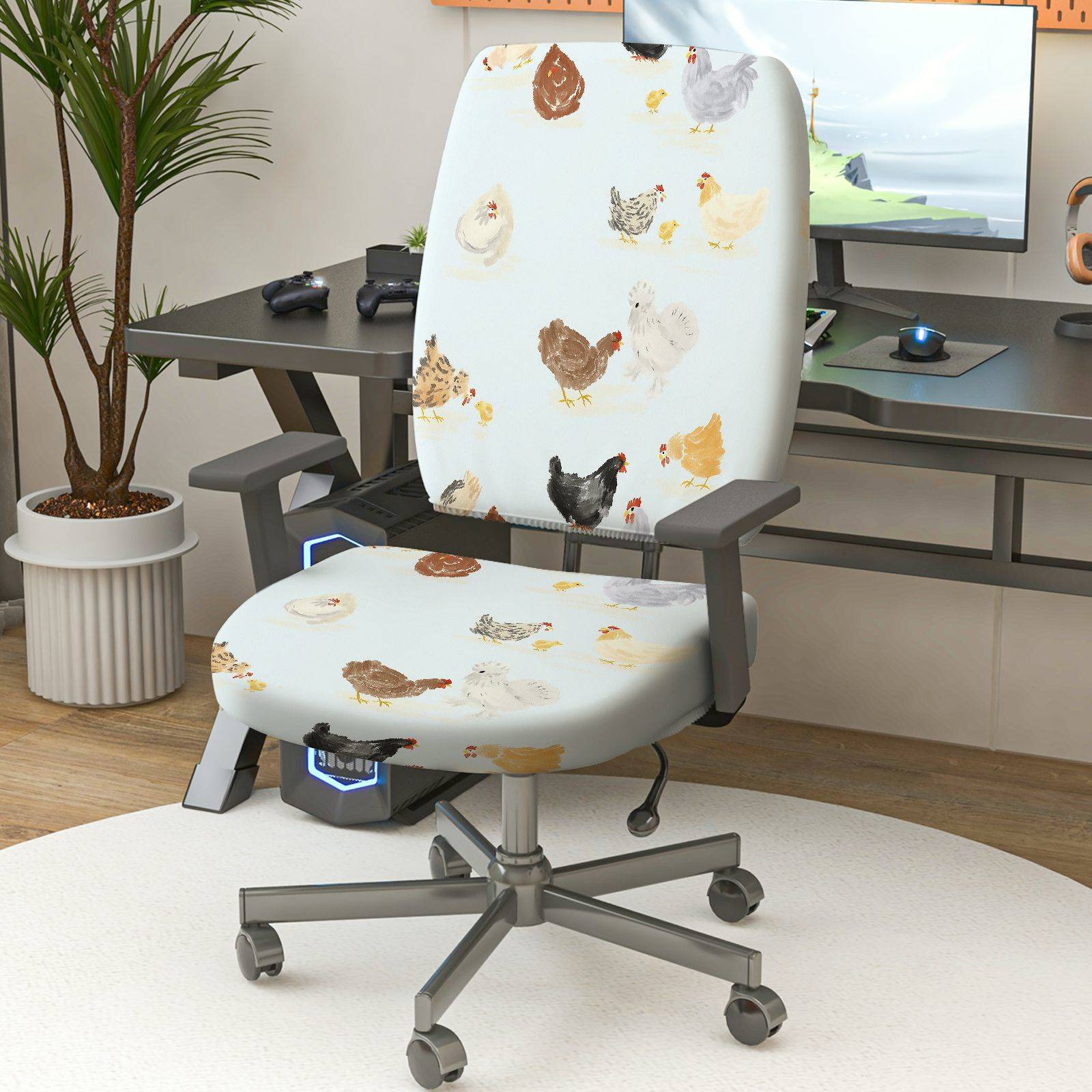 2-Piece Animal Chicken Print  Computer Chair Cover Set, Seat and Backrest