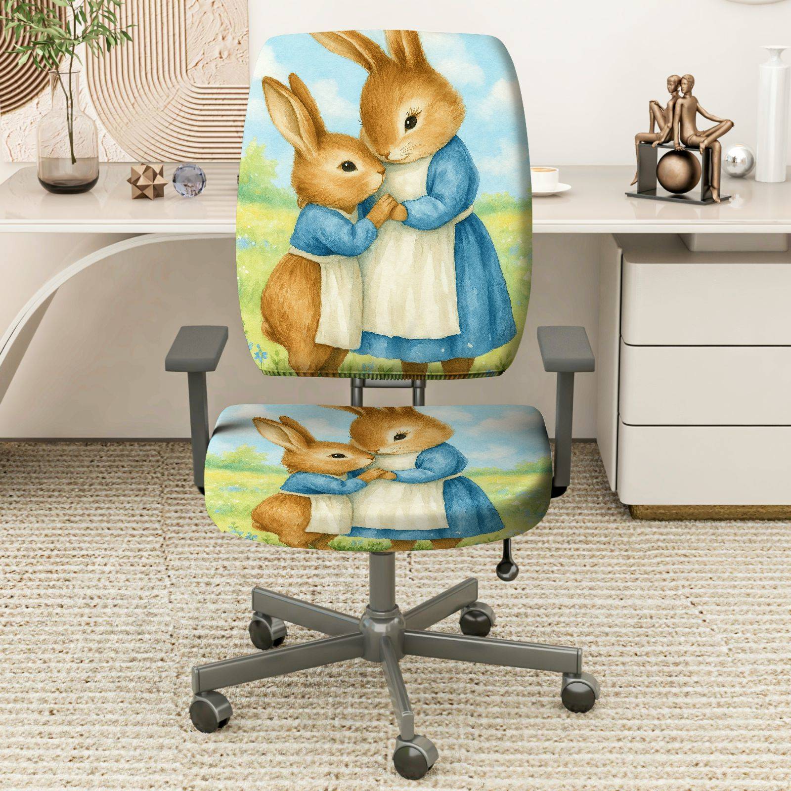 2-Piece Cute Animal Artistic Decorative Easter  Computer Chair Cover Set, Seat and Backrest