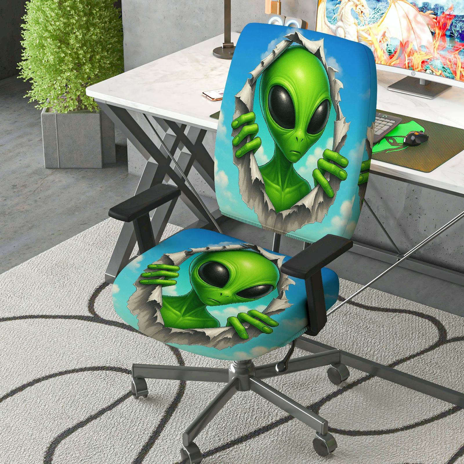 2-Piece Alien Sci-Fi Fun Creative Unique  Computer Chair Cover Set, Seat and Backrest