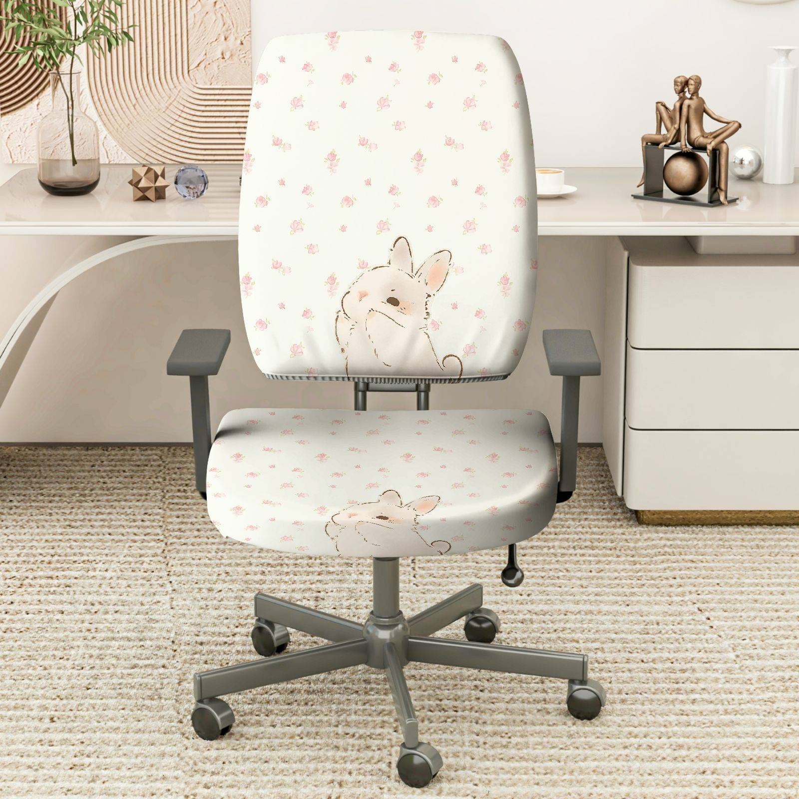 2-Piece Cute Animal Floral Pattern  Computer Chair Cover Set, Seat and Backrest