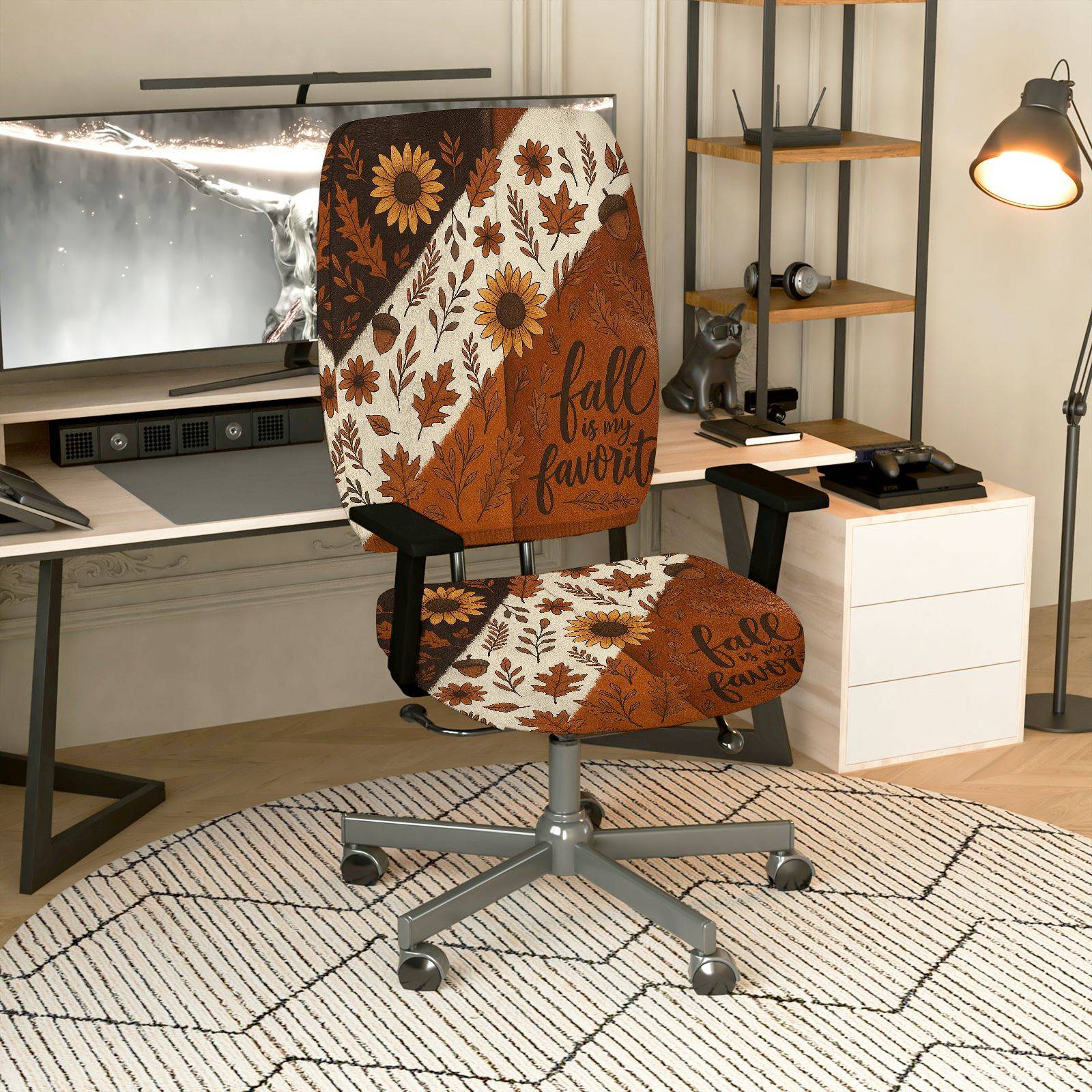 2-Piece Autumn Floral Leaf Text Fall  Computer Chair Cover Set, Seat and Backrest