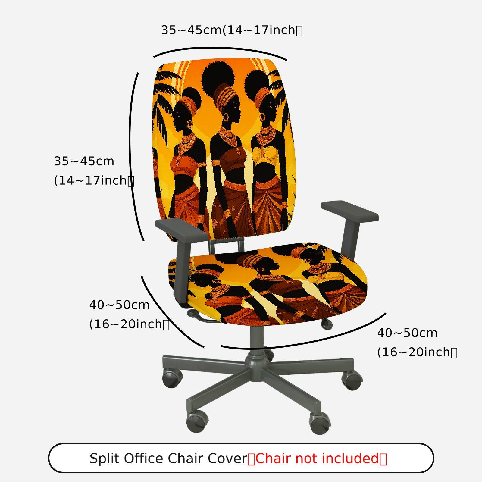 2-Piece African Tribal Art Black Women Orange Pattern  Computer Chair Cover Set, Seat and Backrest