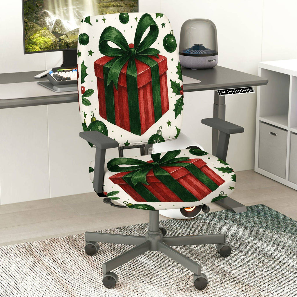 2-Piece Christmas Holiday Gift Bow Green Red  Computer Chair Cover Set, Seat and Backrest
