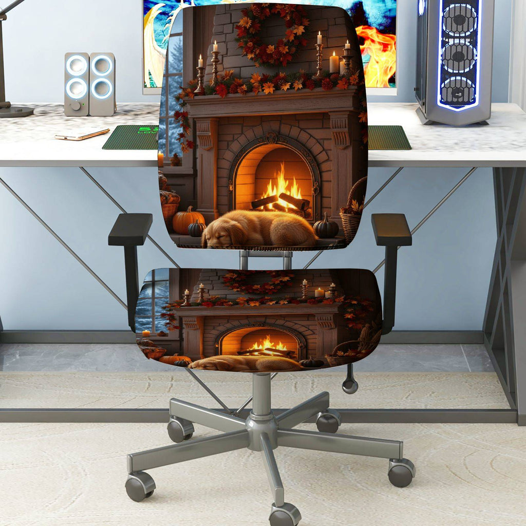 2-Piece Autumn Fireplace Warm Cozy Seasonal Decorative  Computer Chair Cover Set, Seat and Backrest