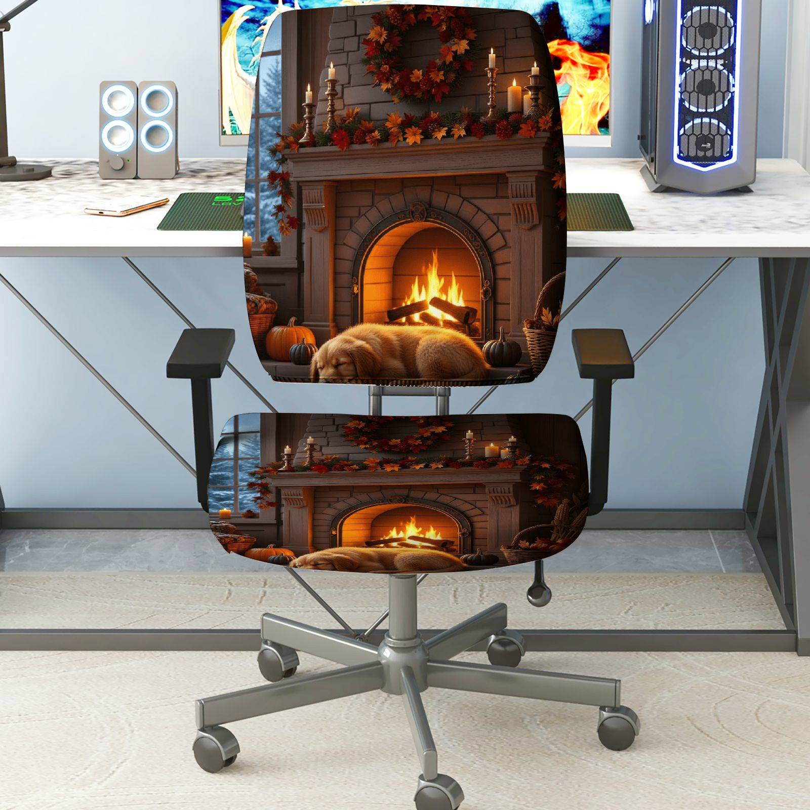 2-Piece Autumn Fireplace Warm Cozy Seasonal Decorative  Computer Chair Cover Set, Seat and Backrest
