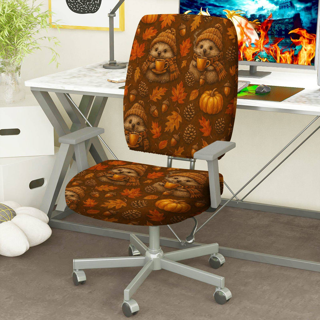 2-Piece Autumn Pumpkin Hedgehog Cute Leaves Acorn  Computer Chair Cover Set, Seat and Backrest